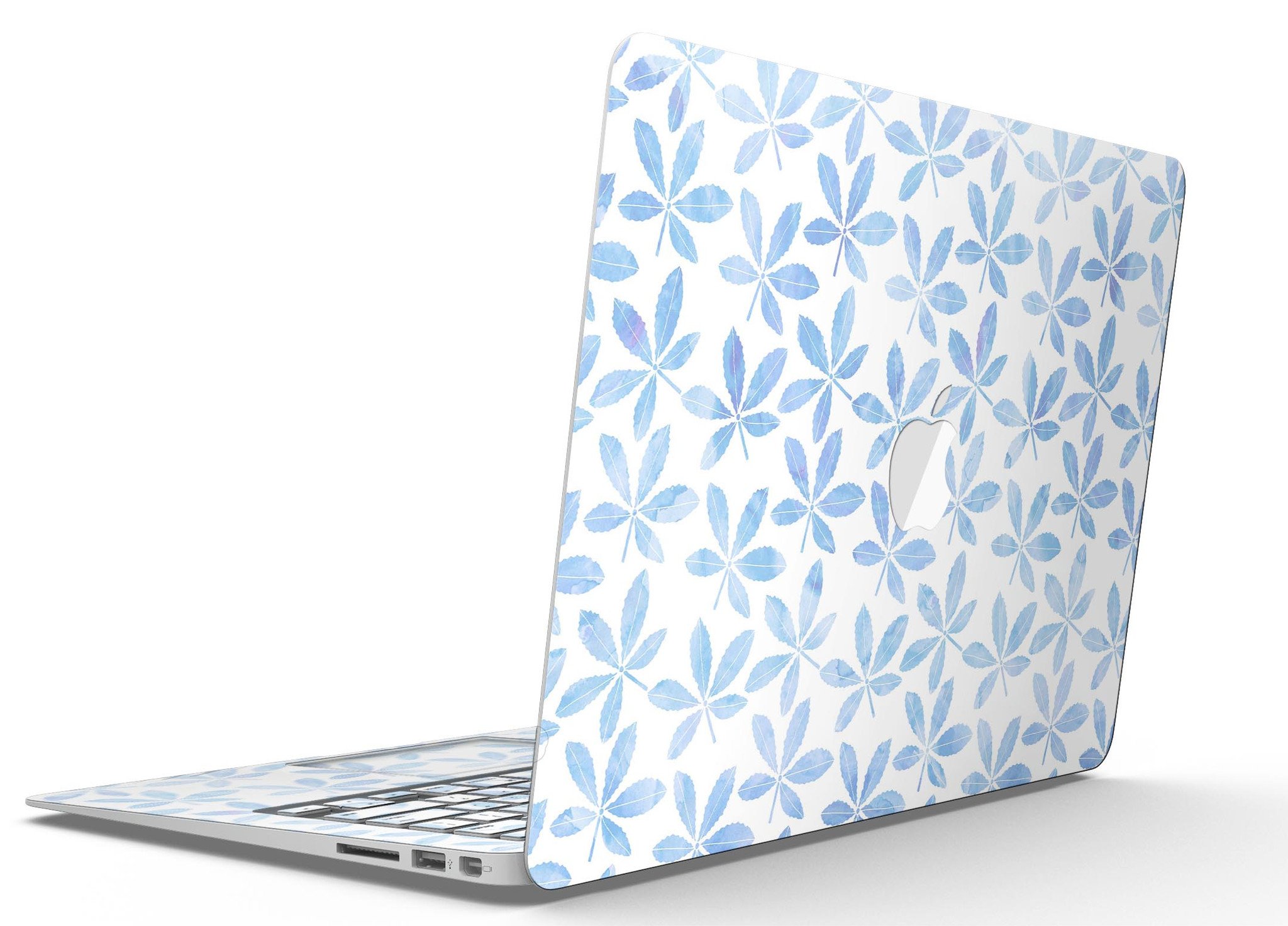 Blue Watercolor Leaves skin kit for MacBook Air, showcasing a vibrant design with intricate leaf patterns on a sleek surface.