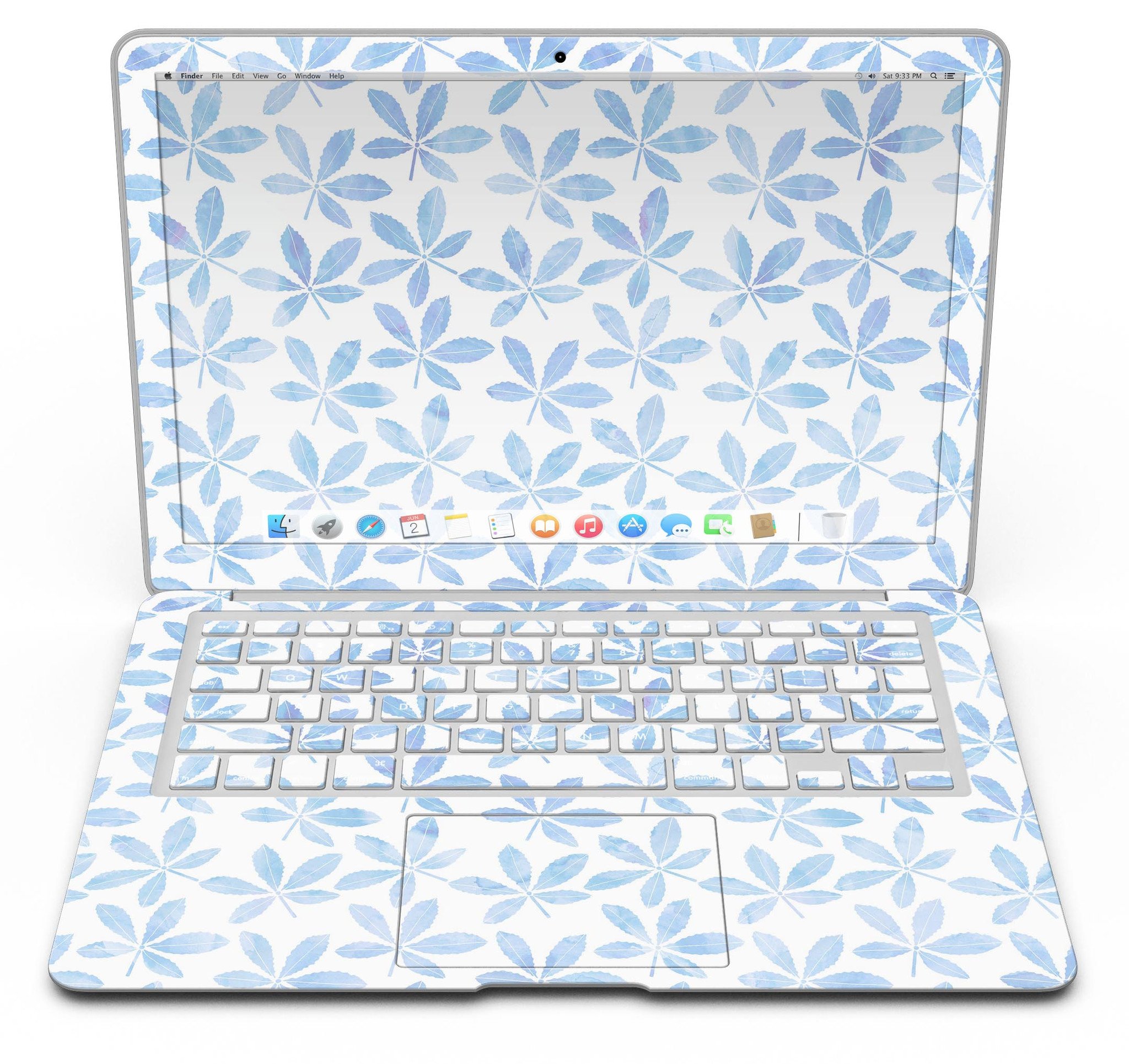 Blue Watercolor Leaves skin kit for MacBook Air, showcasing a vibrant design with intricate leaf patterns on a sleek surface.