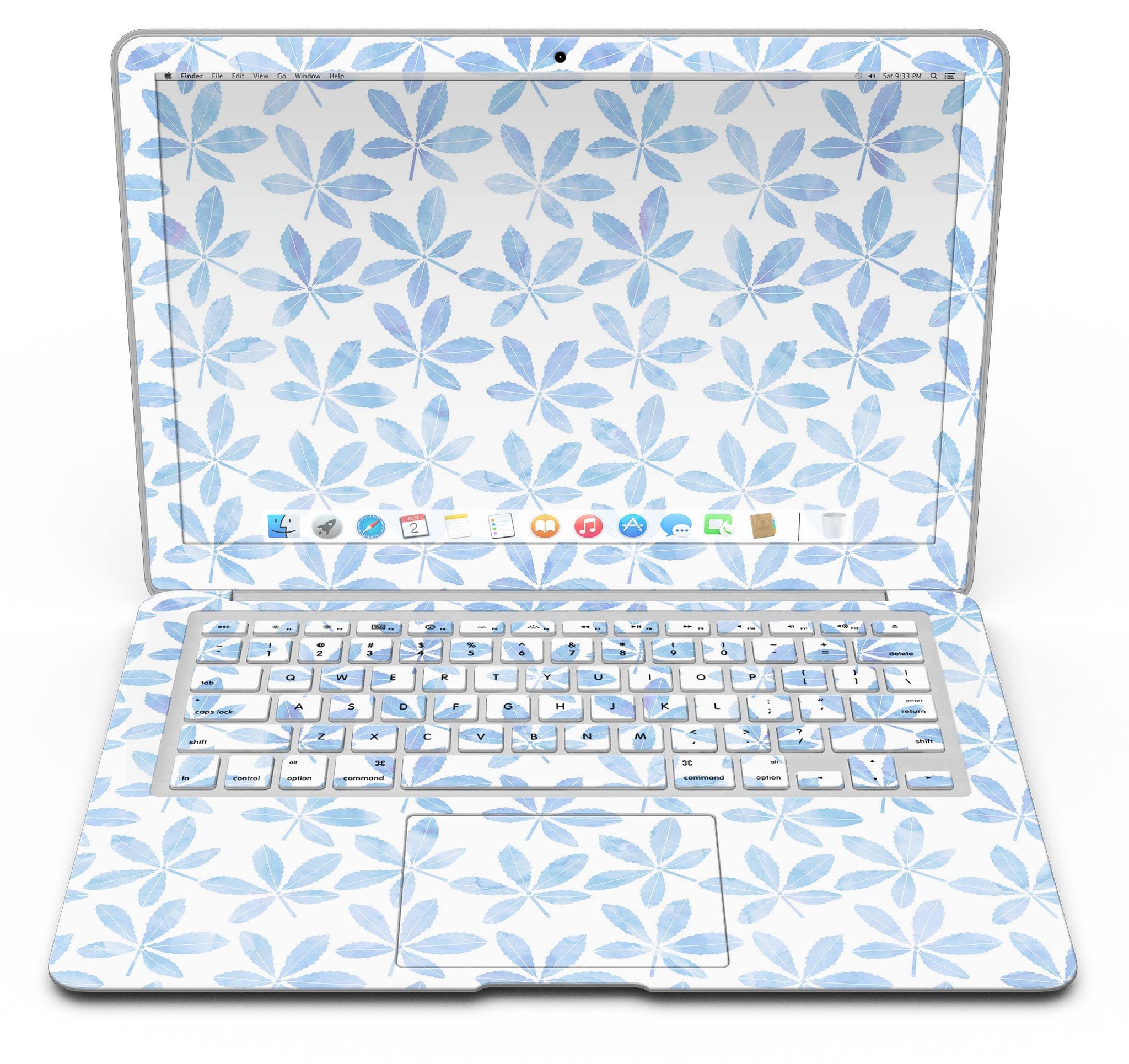 Blue Watercolor Leaves skin kit for MacBook Air, showcasing a vibrant design with intricate leaf patterns on a sleek surface.