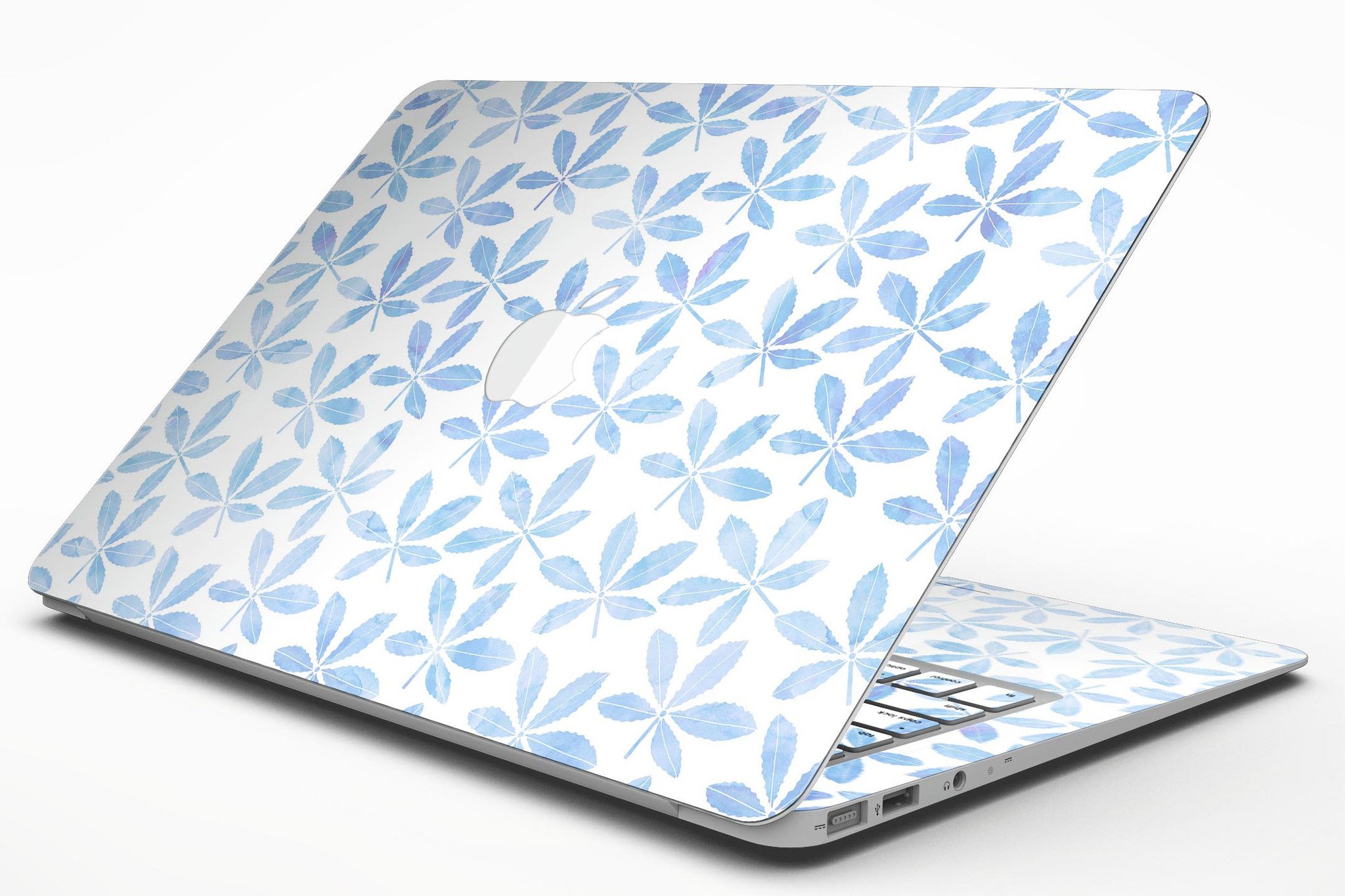 Blue Watercolor Leaves skin kit for MacBook Air, showcasing a vibrant design with intricate leaf patterns on a sleek surface.