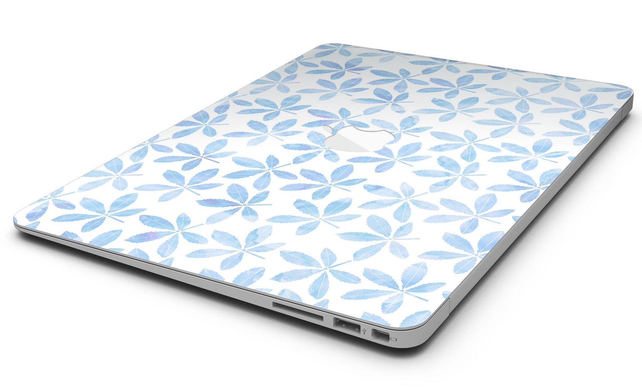 Blue Watercolor Leaves skin kit for MacBook Air, showcasing a vibrant design with intricate leaf patterns on a sleek surface.