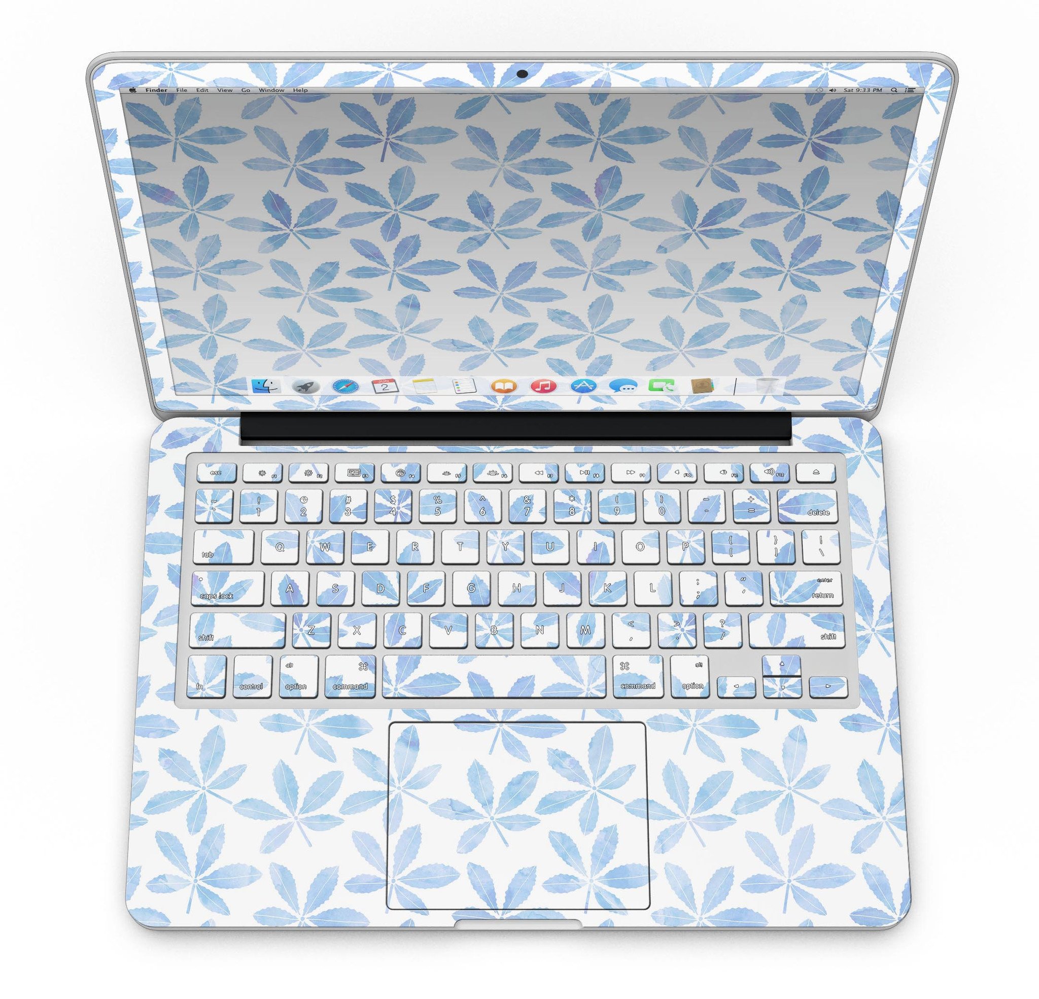 Blue Watercolor Leaves skin for MacBook Pro with Retina Display, showcasing vibrant colors and intricate leaf patterns.