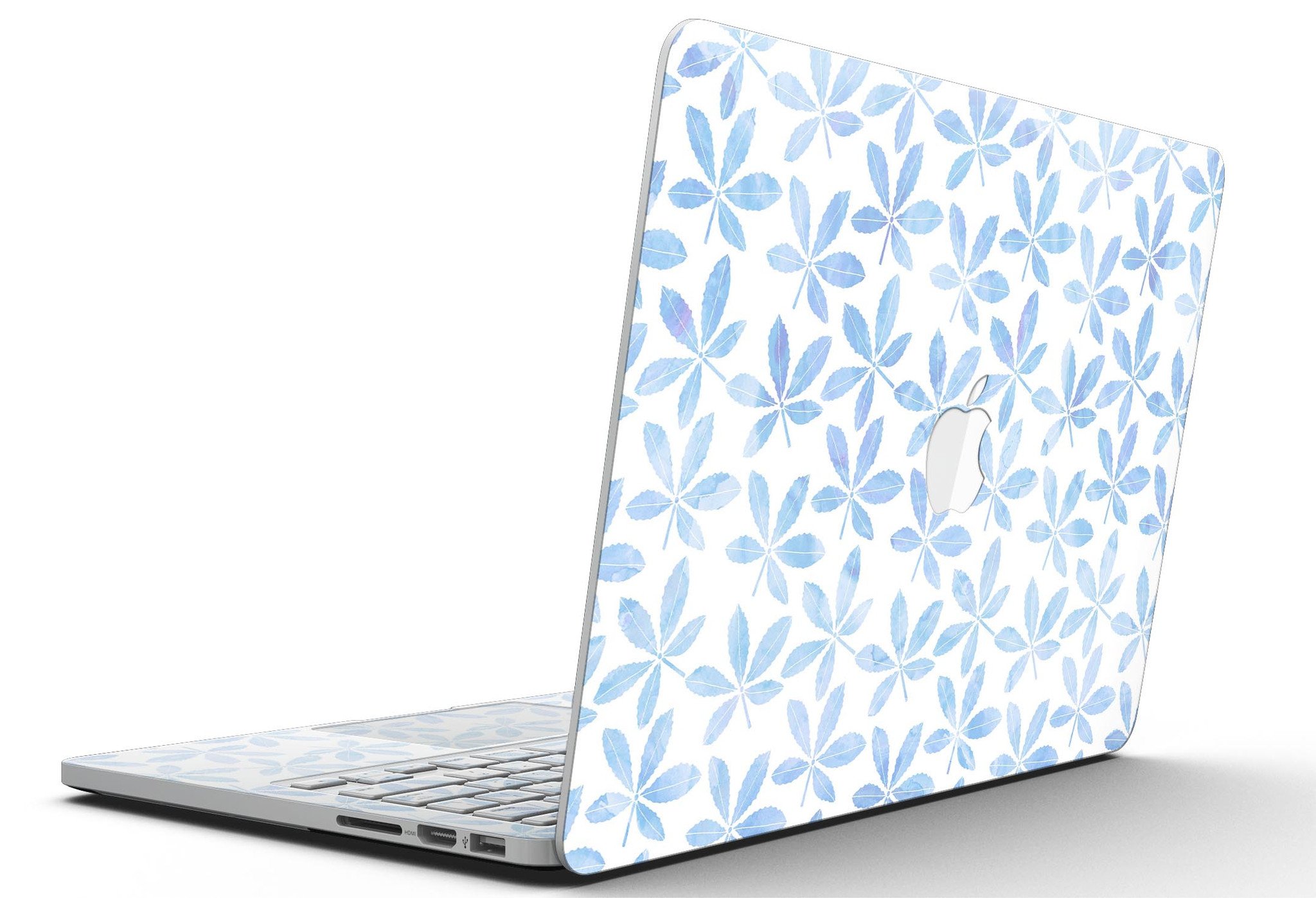 Blue Watercolor Leaves skin for MacBook Pro with Retina Display, showcasing vibrant colors and intricate leaf patterns.