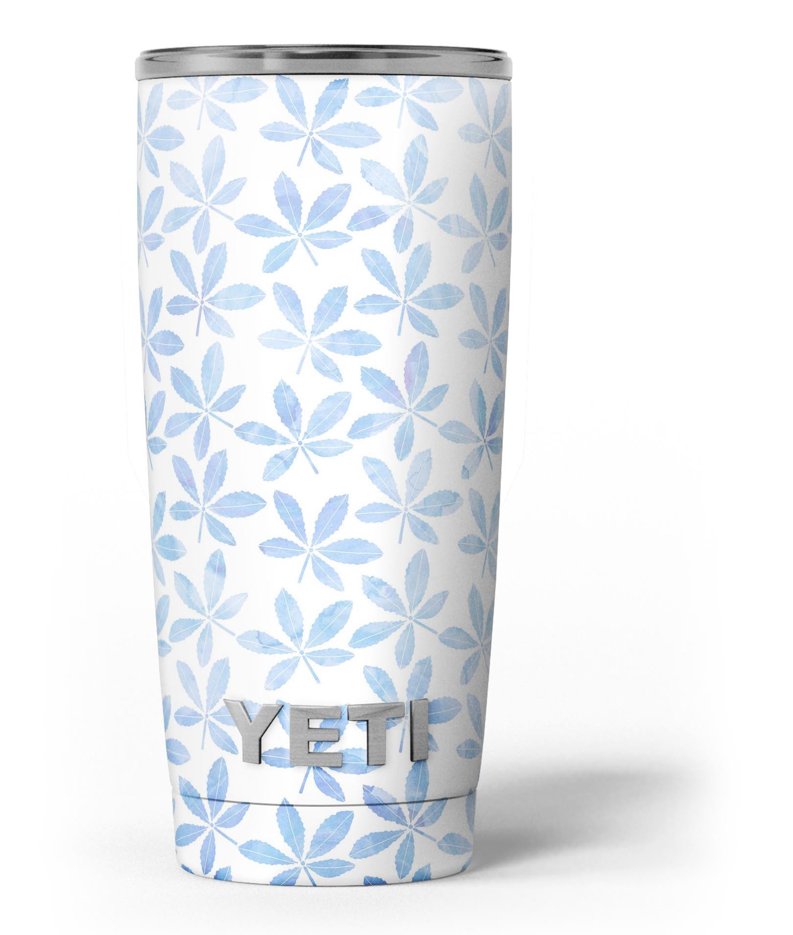 Blue Watercolor Leaves skin decal vinyl wrap kit for Yeti Coolers, showcasing vibrant colors and intricate leaf designs.