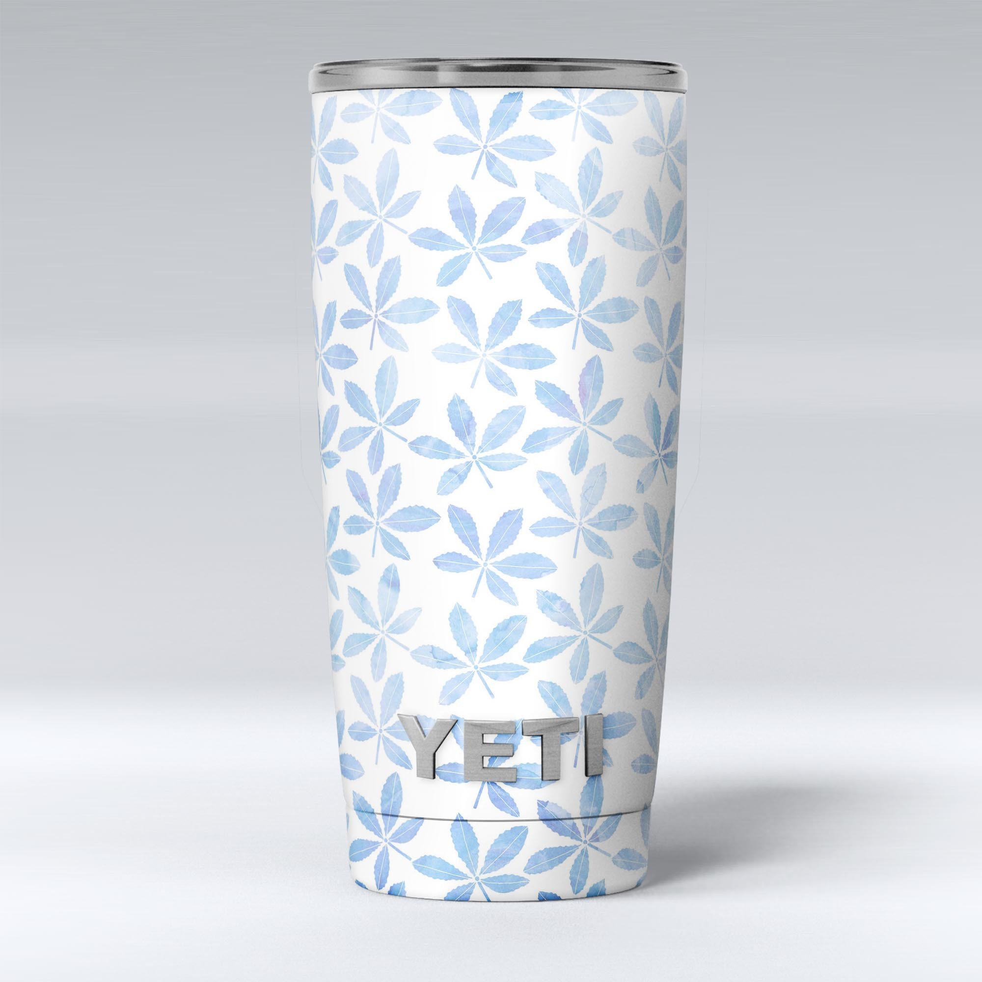 Blue Watercolor Leaves skin decal vinyl wrap kit for Yeti Coolers, showcasing vibrant colors and intricate leaf designs.