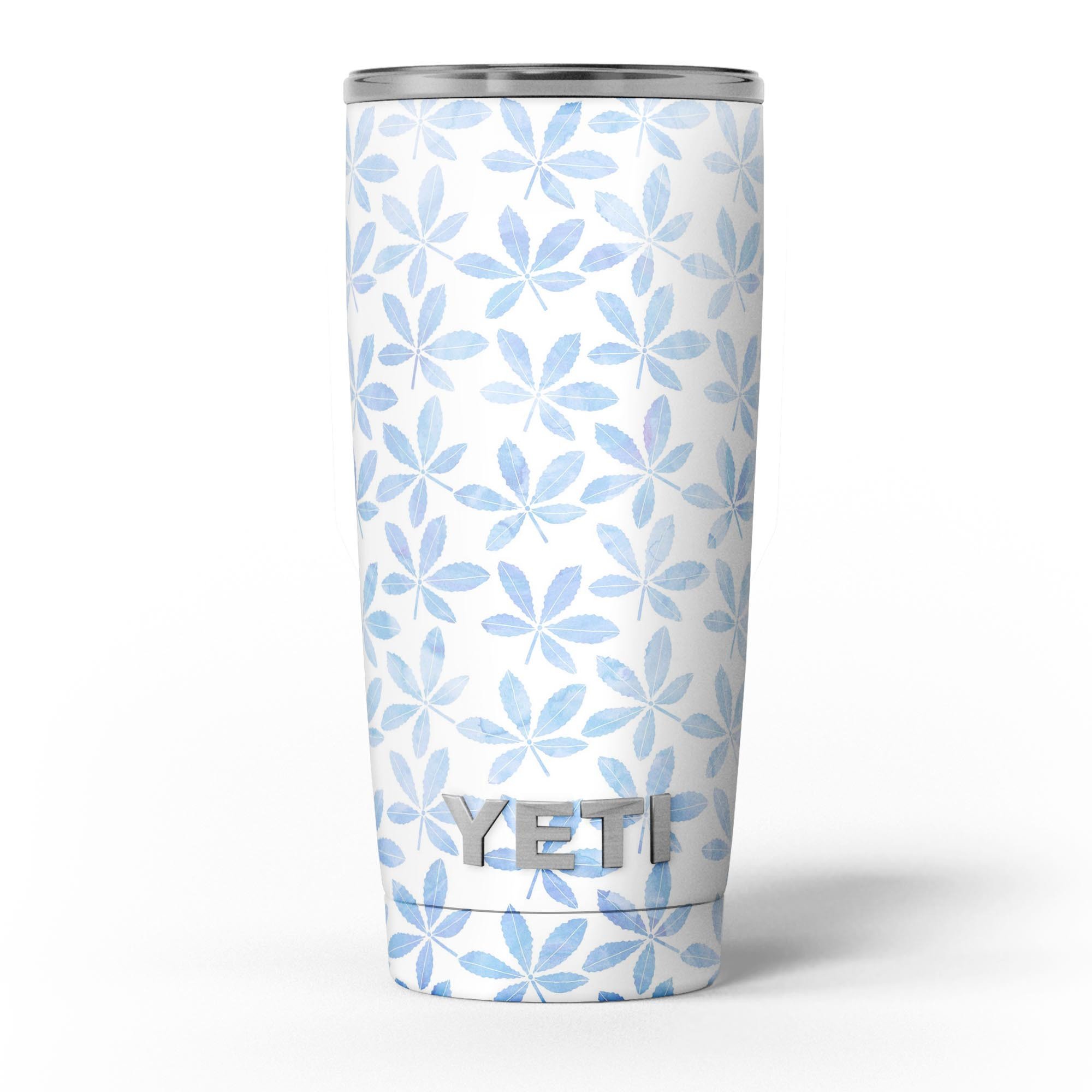 Blue Watercolor Leaves skin decal vinyl wrap kit for Yeti Coolers, showcasing vibrant colors and intricate leaf designs.