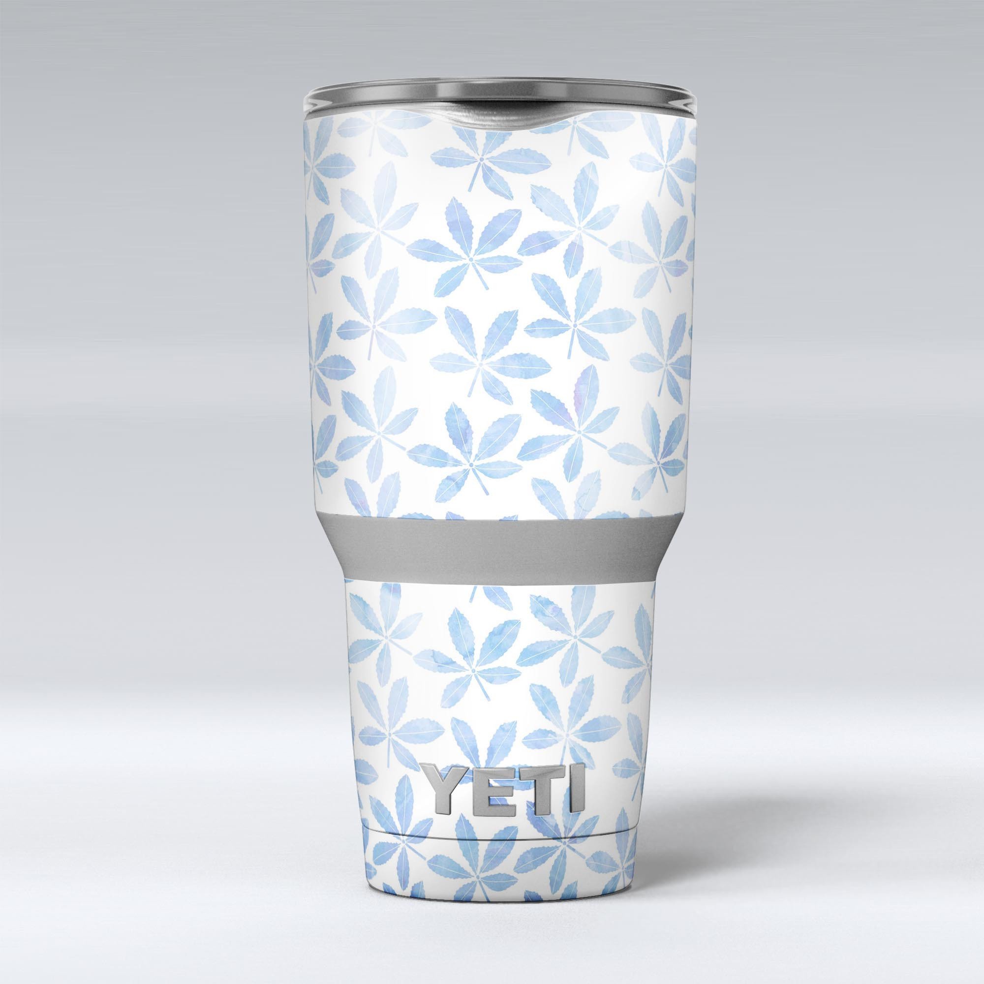 Blue Watercolor Leaves skin decal vinyl wrap kit for Yeti Coolers, showcasing vibrant colors and intricate leaf designs.