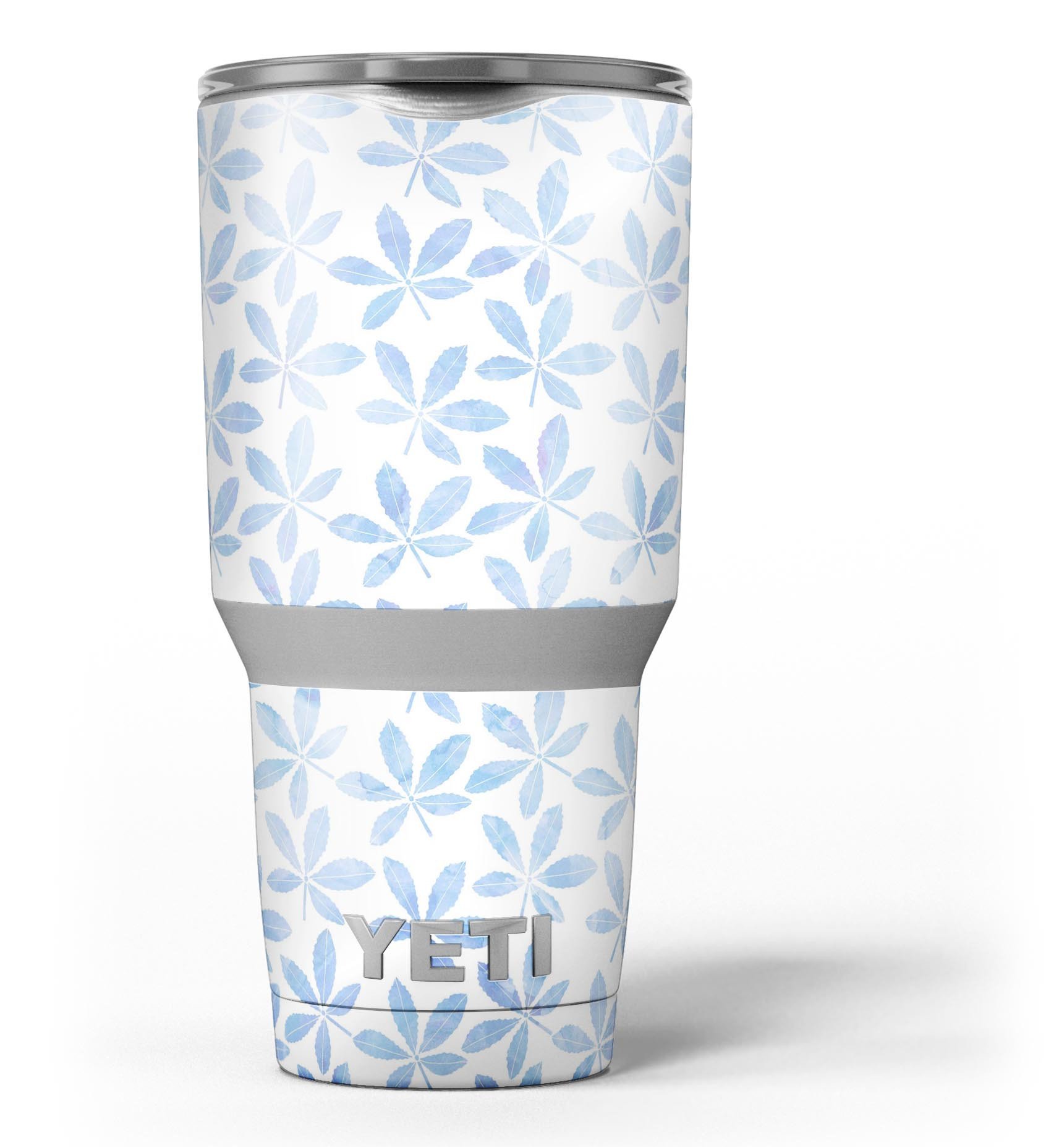 Blue Watercolor Leaves skin decal vinyl wrap kit for Yeti Coolers, showcasing vibrant colors and intricate leaf designs.