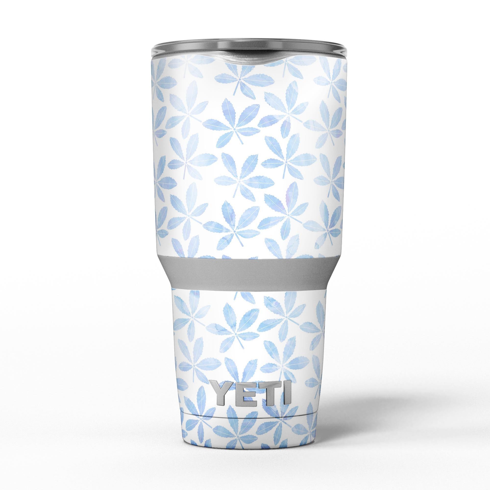 Blue Watercolor Leaves skin decal vinyl wrap kit for Yeti Coolers, showcasing vibrant colors and intricate leaf designs.