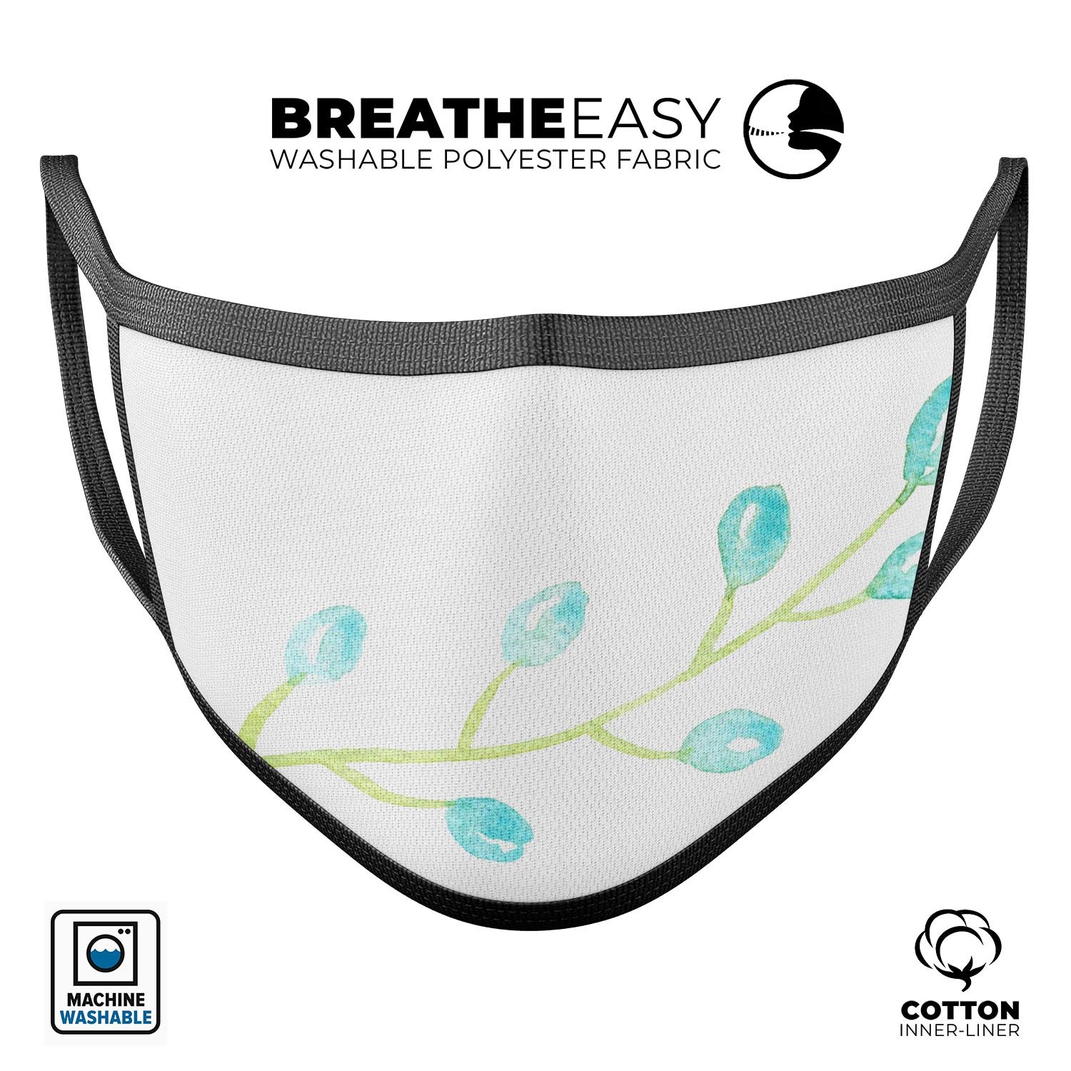 Blue Watercolor Olive Branch face mask, featuring a vibrant design and adjustable ear loops for a comfortable fit.