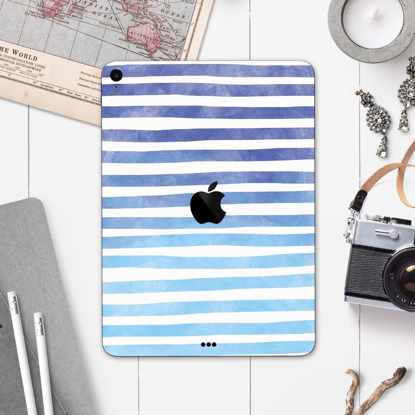 Blue WaterColor Ombre Stripes skin decal for Apple devices, showcasing vibrant colors and a sleek design.