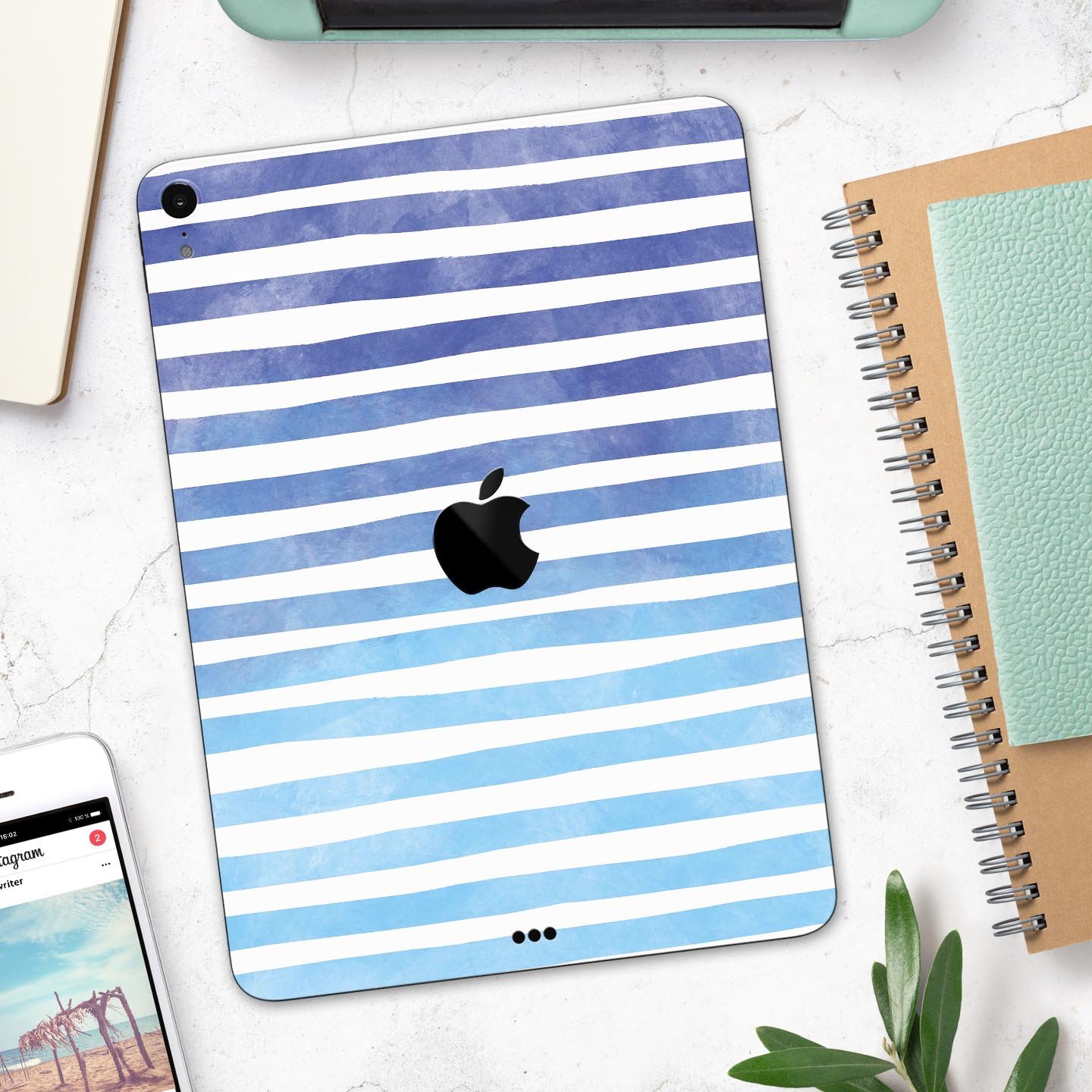 Blue WaterColor Ombre Stripes skin decal for Apple devices, showcasing vibrant colors and a sleek design.