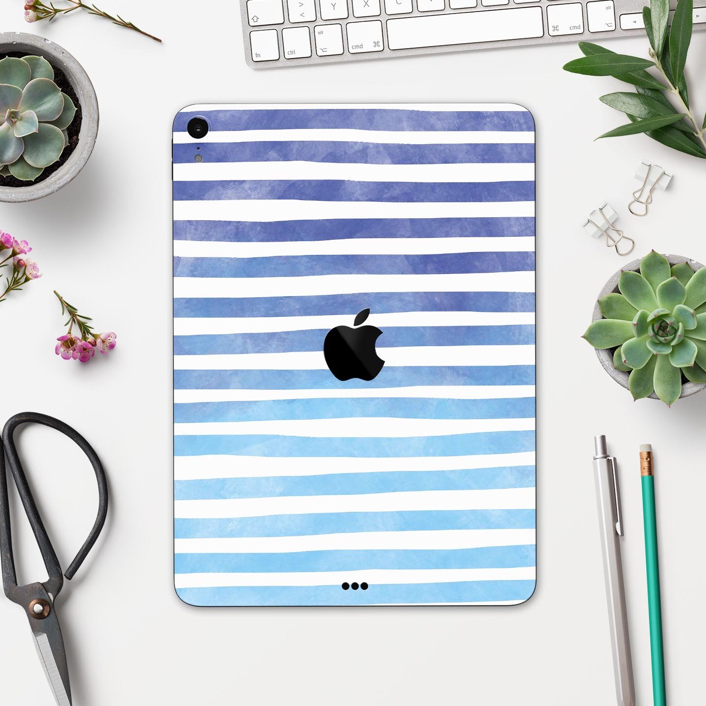 Blue WaterColor Ombre Stripes skin decal for Apple devices, showcasing vibrant colors and a sleek design.