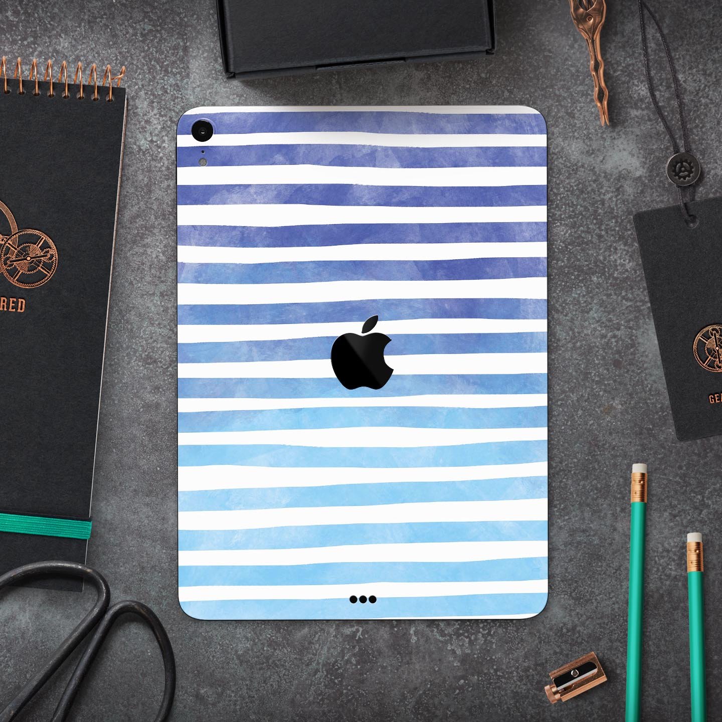 Blue WaterColor Ombre Stripes skin decal for Apple devices, showcasing vibrant colors and a sleek design.