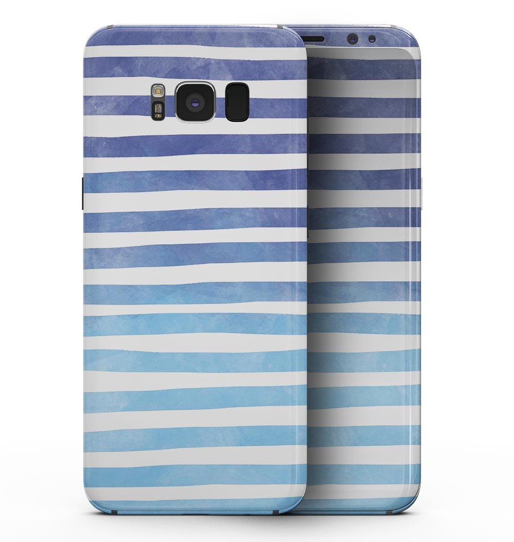 Samsung Galaxy S8 with Blue WaterColor Ombre Stripes skin, showcasing vibrant blue gradient design.