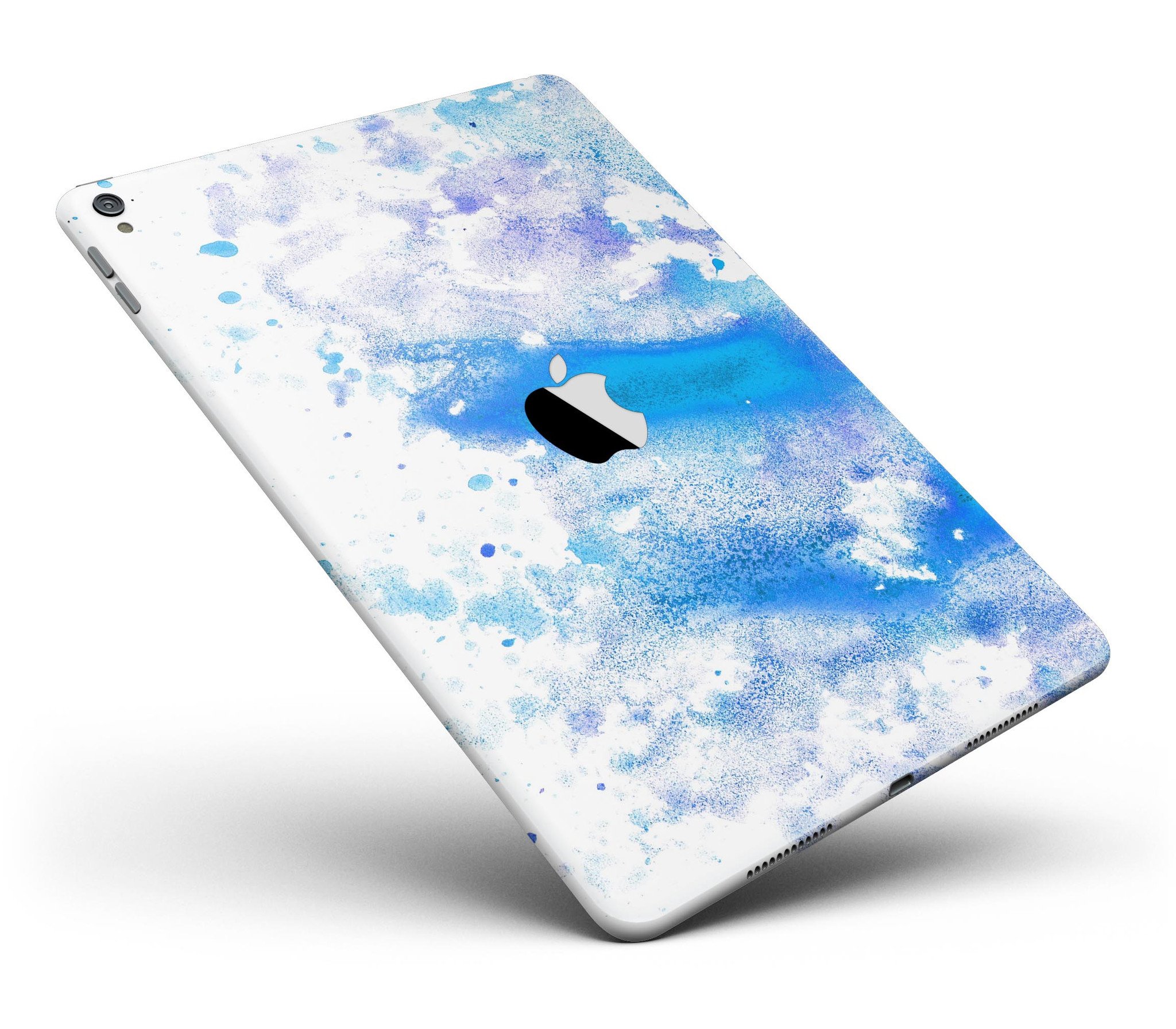 Blue watercolor skin design on a white background for iPad Pro, showcasing vibrant colors and full body coverage.