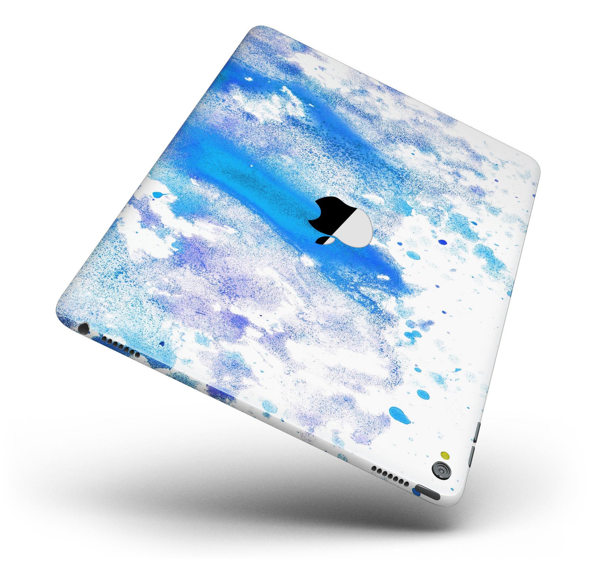 Blue watercolor skin design on a white background for iPad Pro, showcasing vibrant colors and full body coverage.