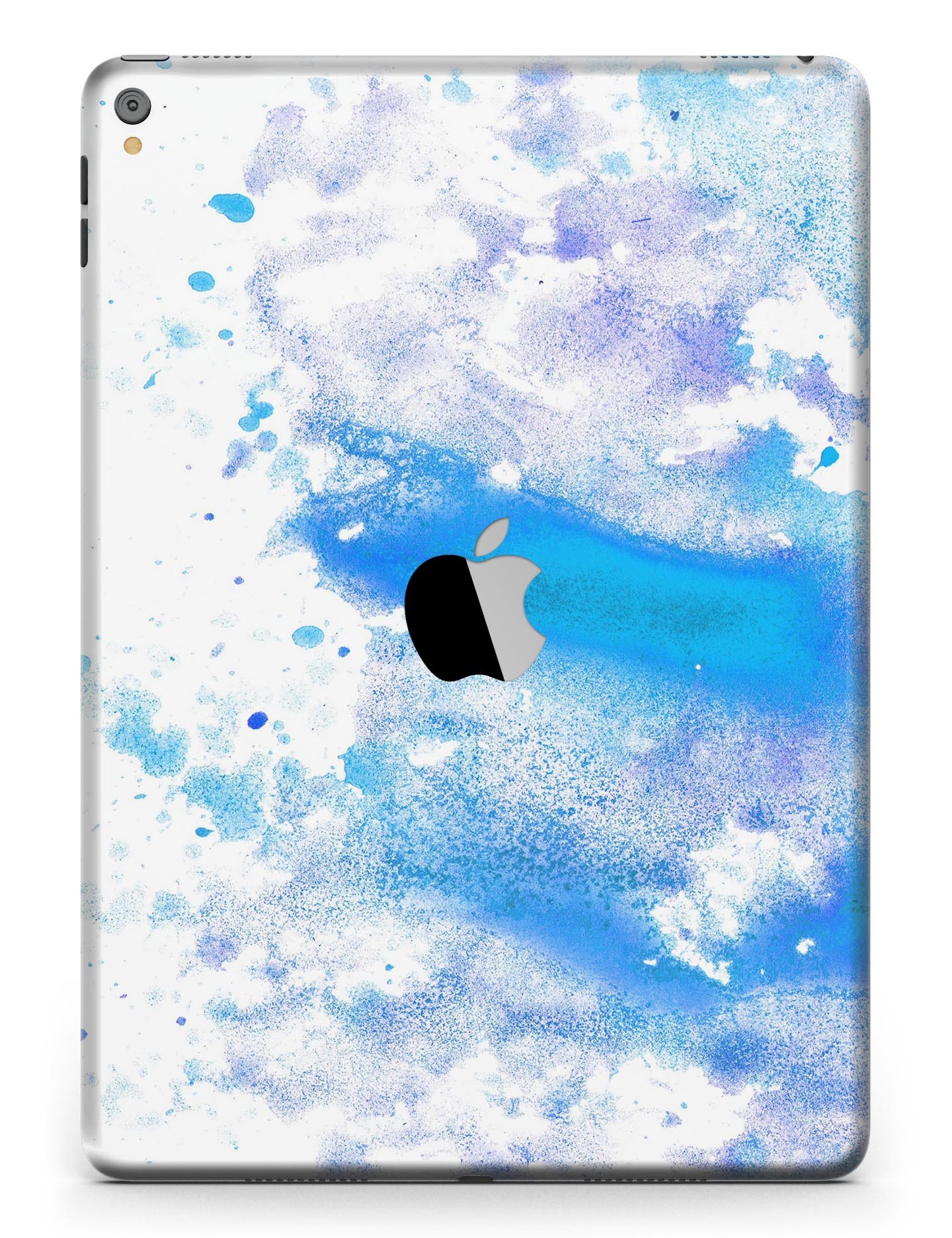 Blue watercolor skin design on a white background for iPad Pro, showcasing vibrant colors and full body coverage.