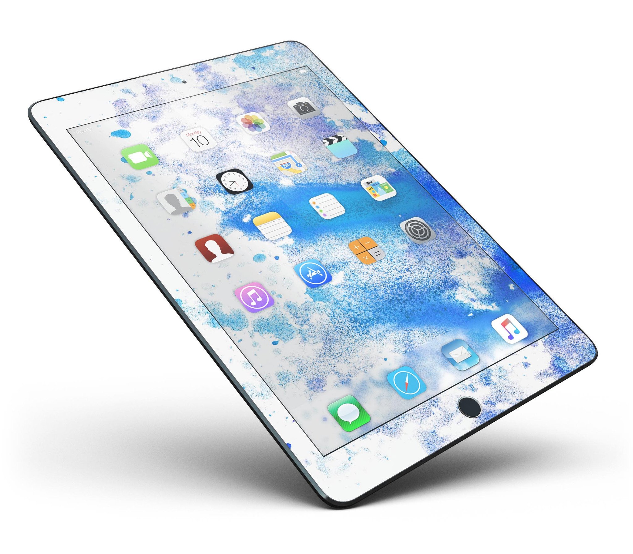 Blue watercolor skin design on a white background for iPad Pro, showcasing vibrant colors and full body coverage.