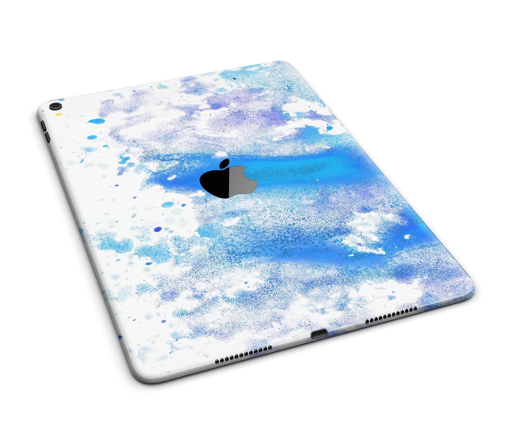 Blue watercolor skin design on a white background for iPad Pro, showcasing vibrant colors and full body coverage.