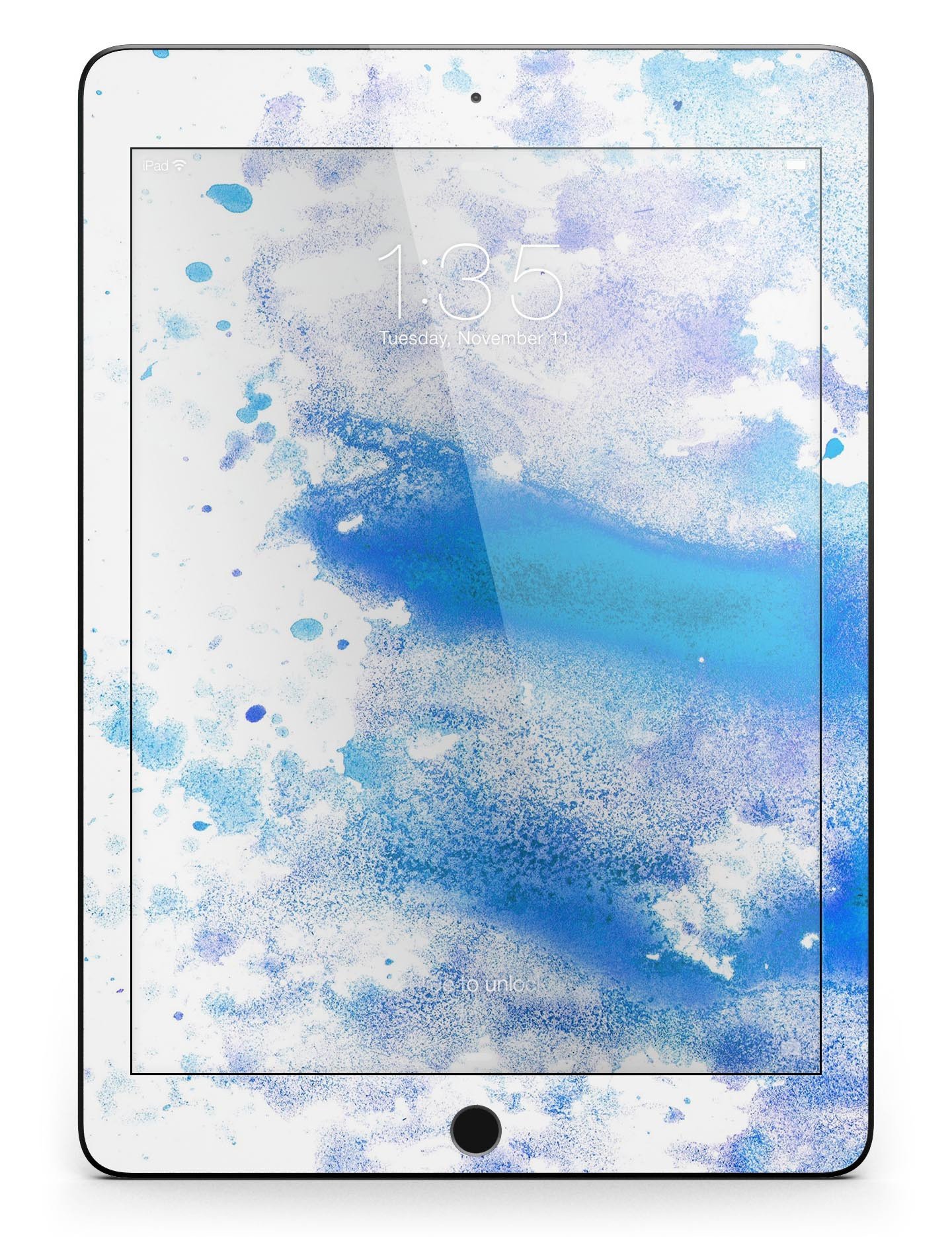 Blue watercolor skin design on a white background for iPad Pro, showcasing vibrant colors and full body coverage.