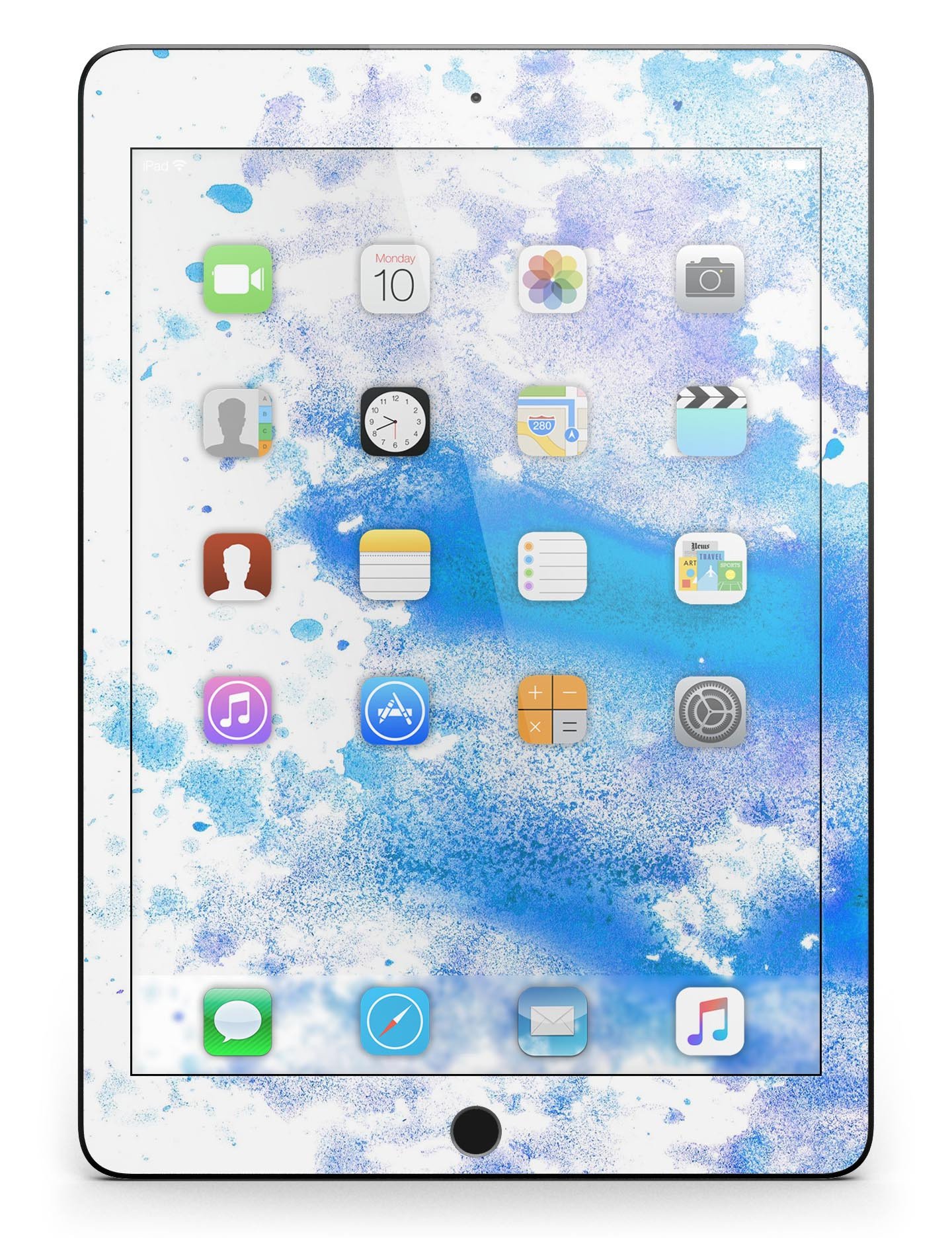 Blue watercolor skin design on a white background for iPad Pro, showcasing vibrant colors and full body coverage.