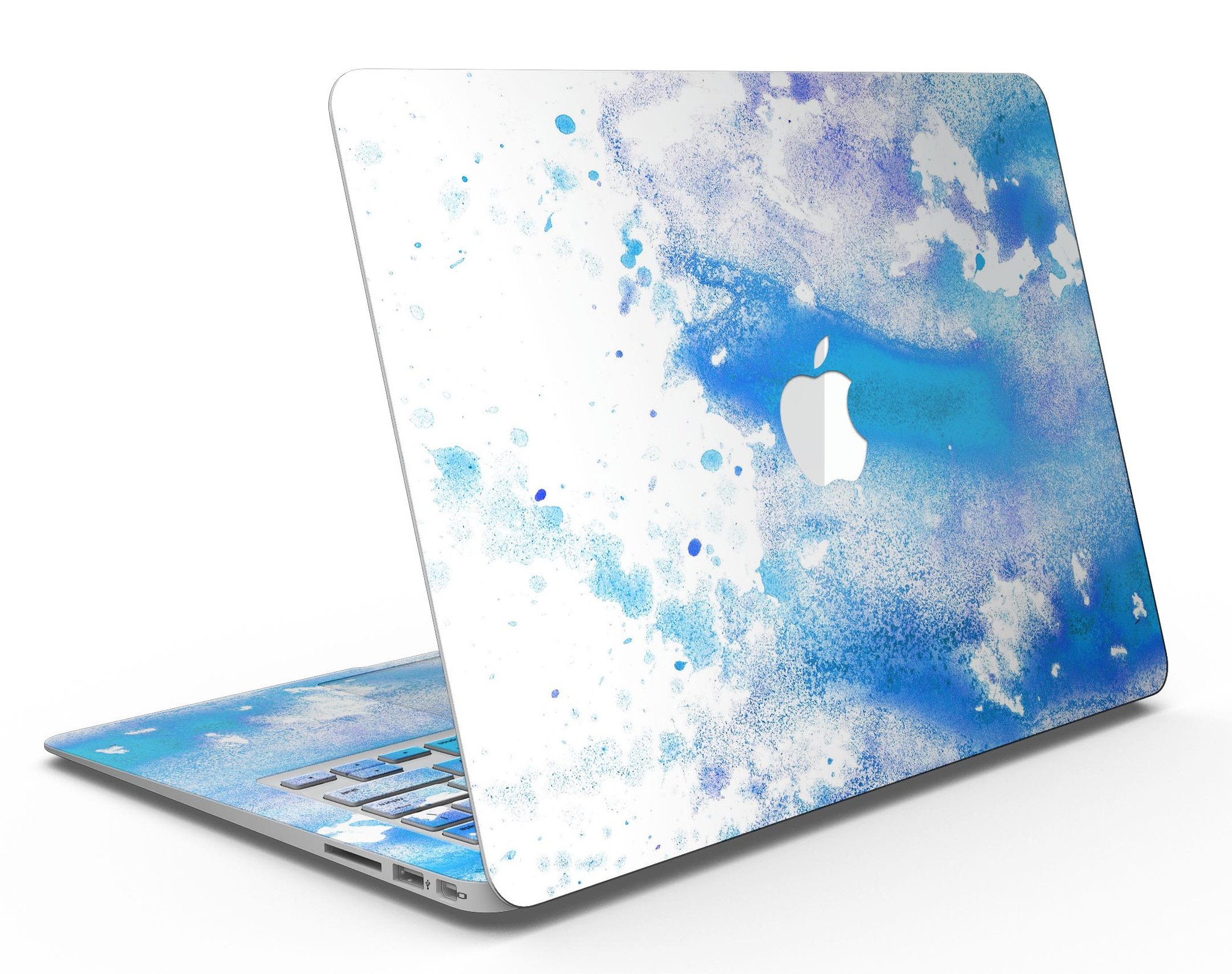 Blue watercolor skin kit for MacBook Air, showcasing a vibrant design on a white background, perfect for personalizing your device.