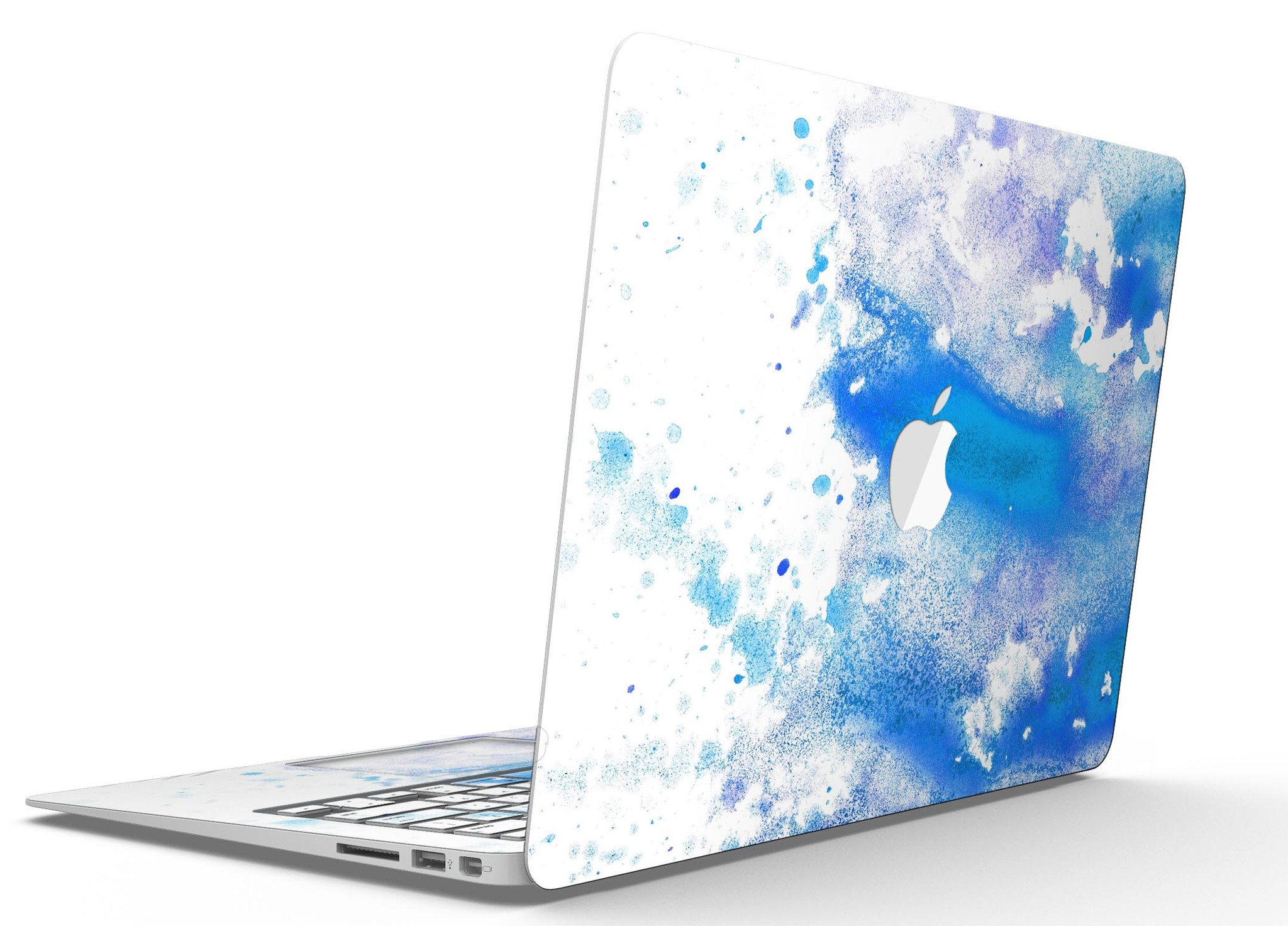 Blue watercolor skin kit for MacBook Air, showcasing a vibrant design on a white background, perfect for personalizing your device.