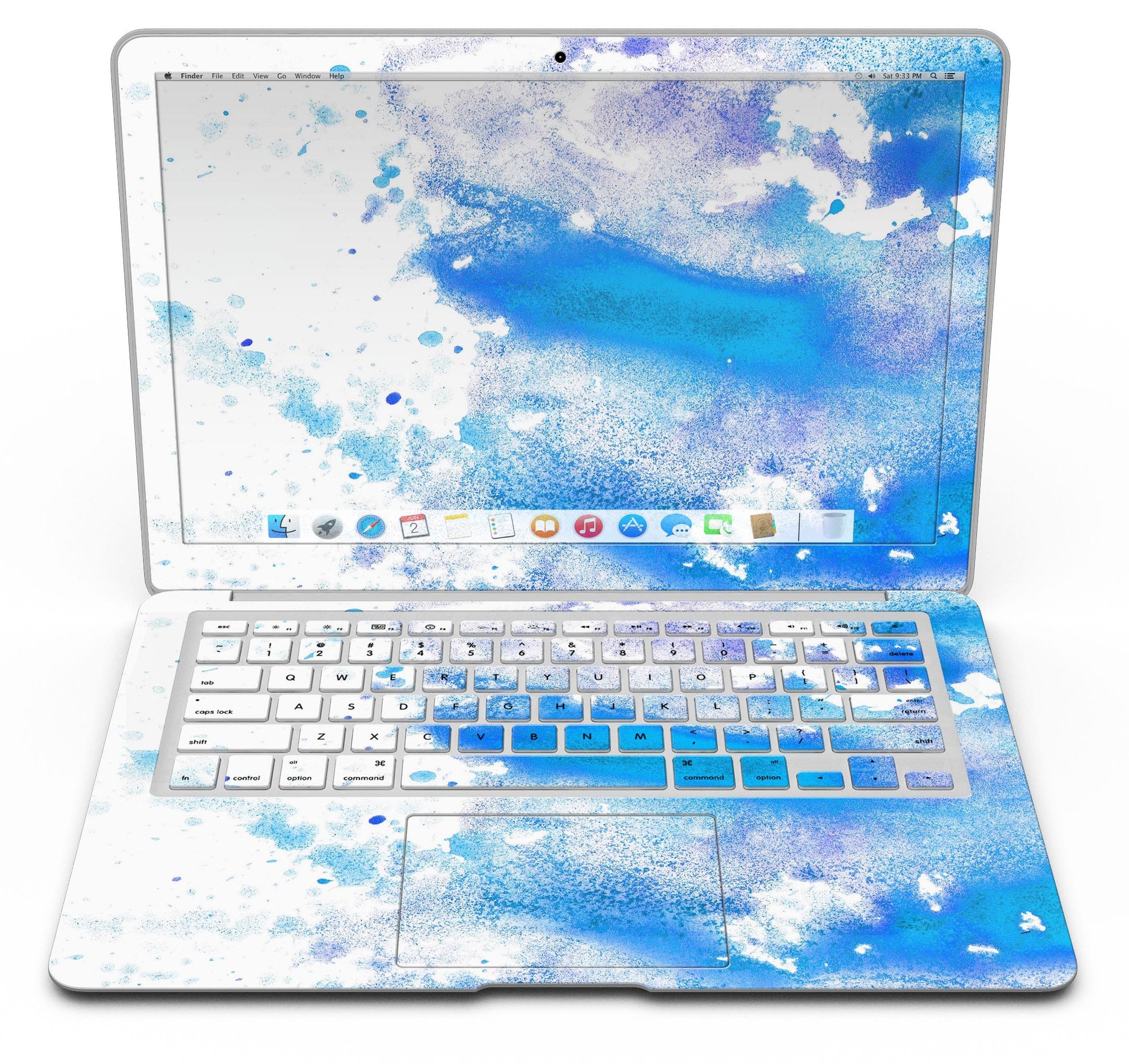 Blue watercolor skin kit for MacBook Air, showcasing a vibrant design on a white background, perfect for personalizing your device.