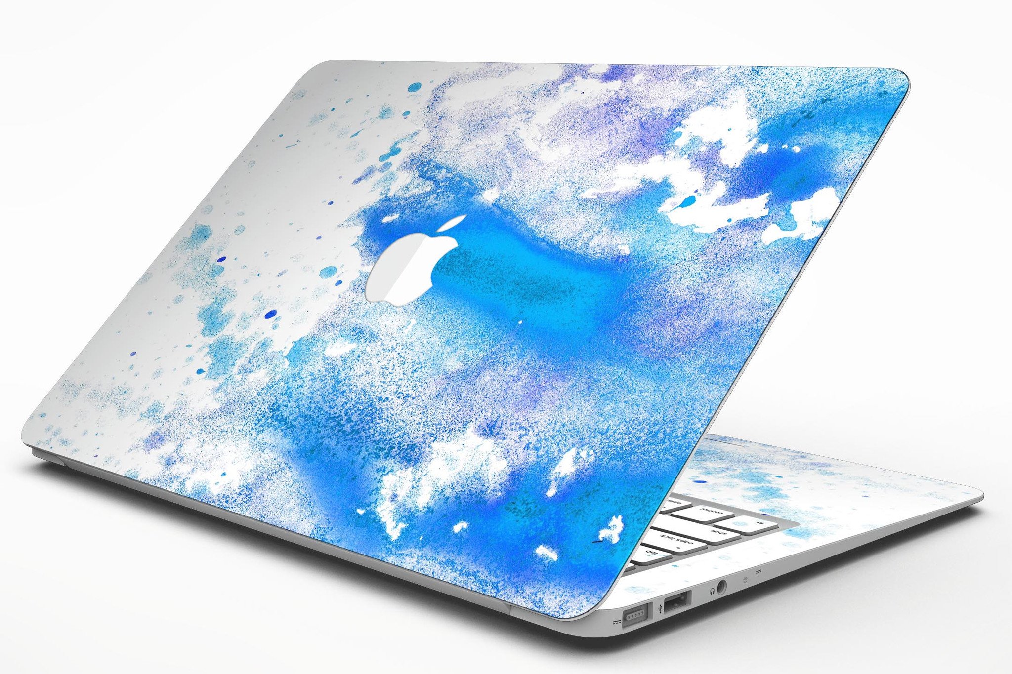 Blue watercolor skin kit for MacBook Air, showcasing a vibrant design on a white background, perfect for personalizing your device.