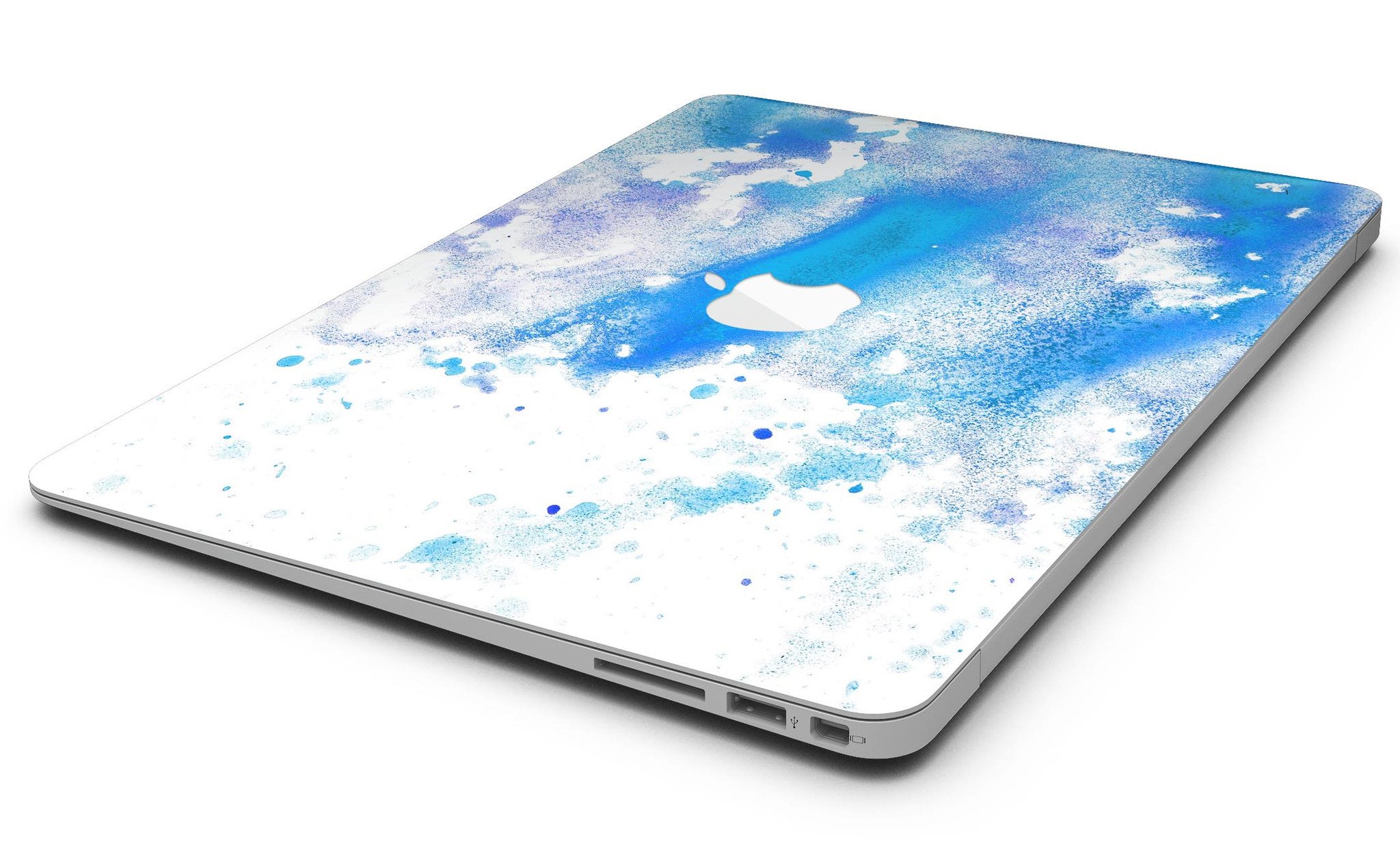 Blue watercolor skin kit for MacBook Air, showcasing a vibrant design on a white background, perfect for personalizing your device.