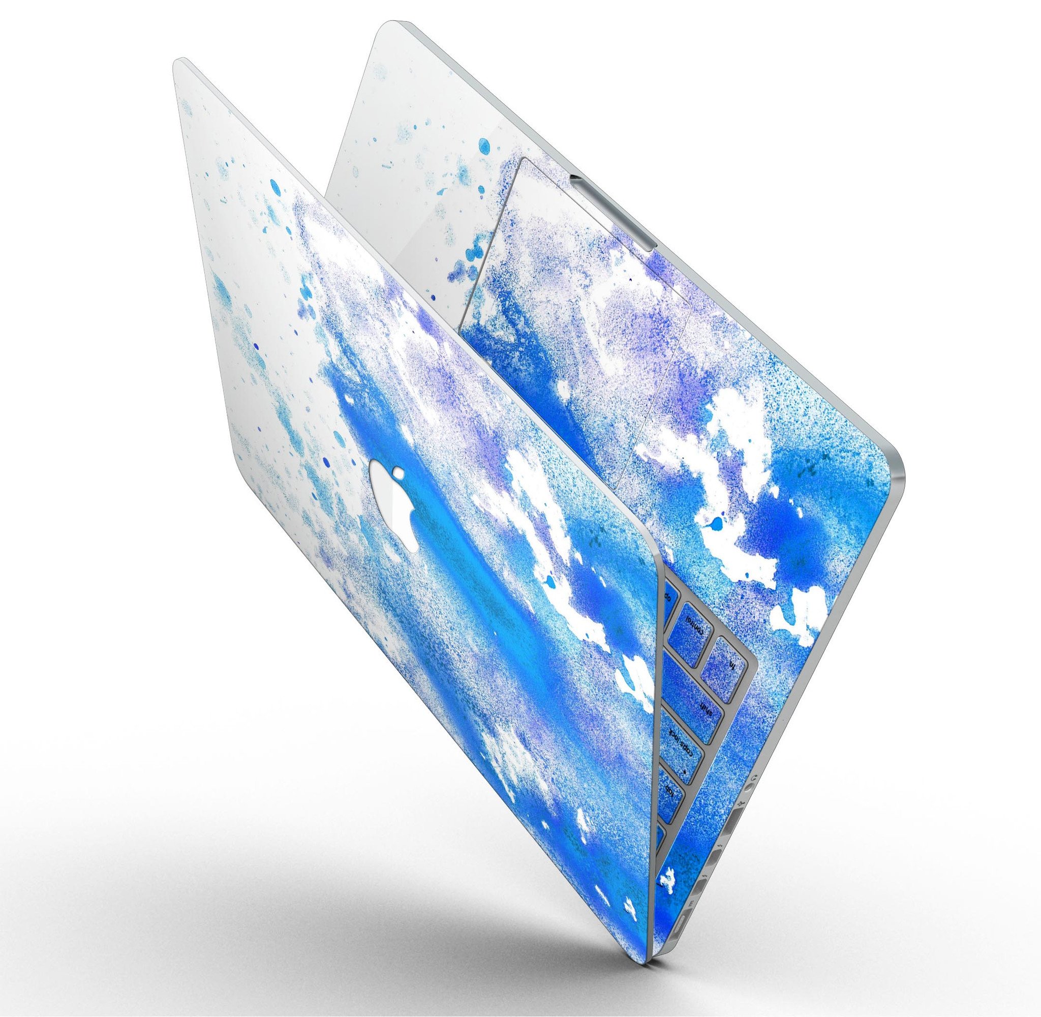 Blue watercolor skin design for MacBook Pro with Retina Display, showcasing vibrant colors on a white background.