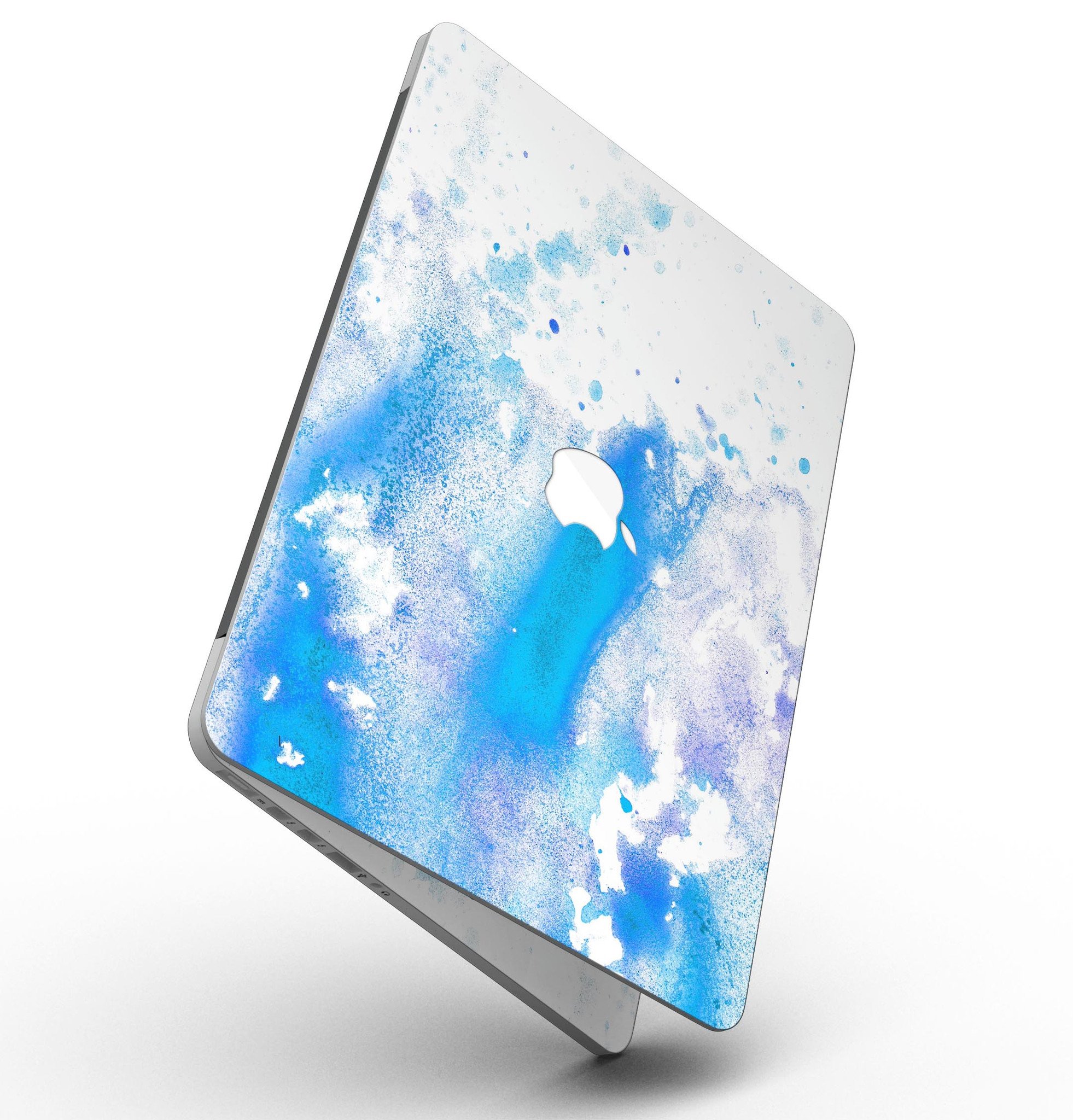 Blue watercolor skin design for MacBook Pro with Retina Display, showcasing vibrant colors on a white background.