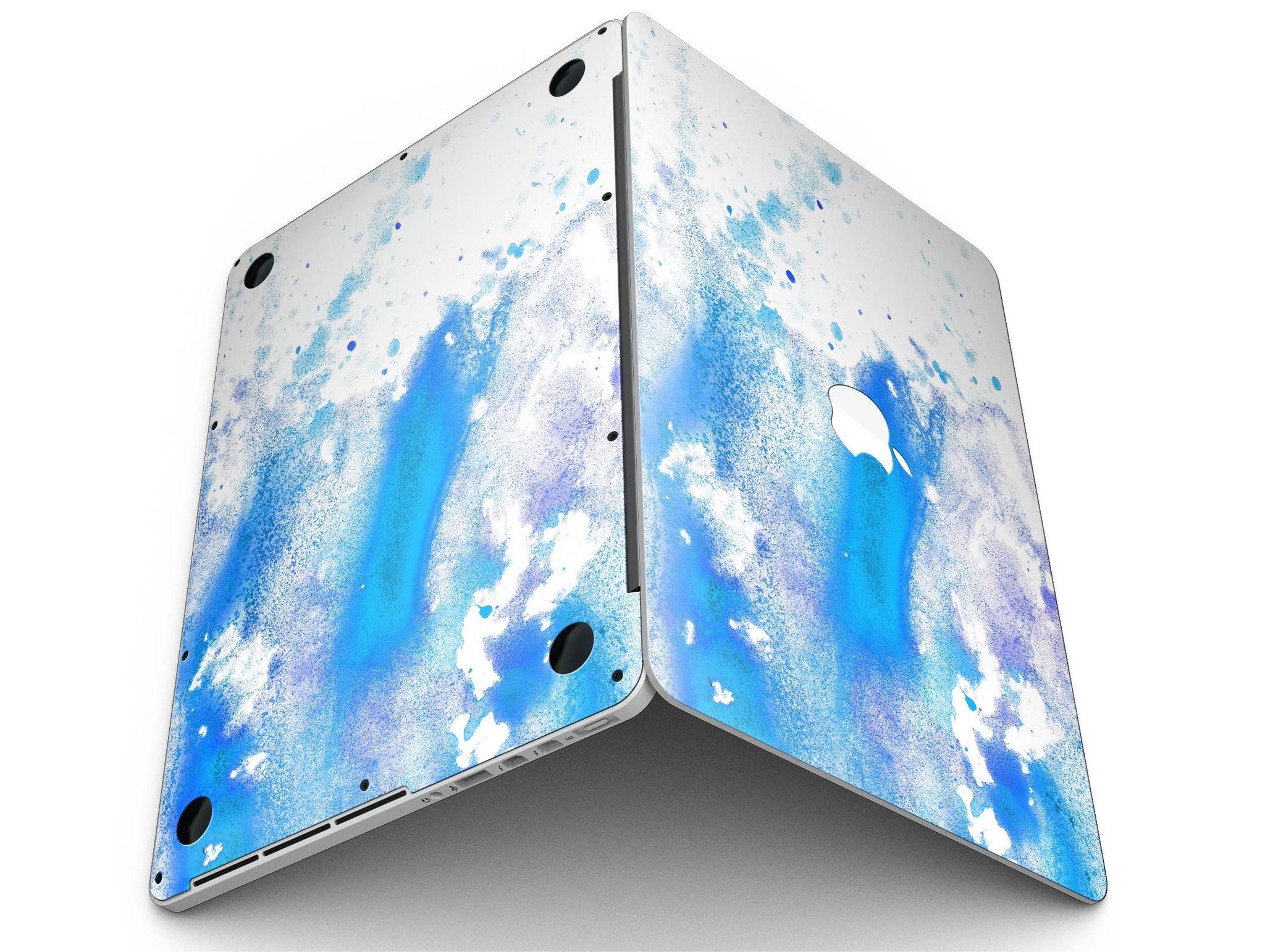 Blue watercolor skin design for MacBook Pro with Retina Display, showcasing vibrant colors on a white background.