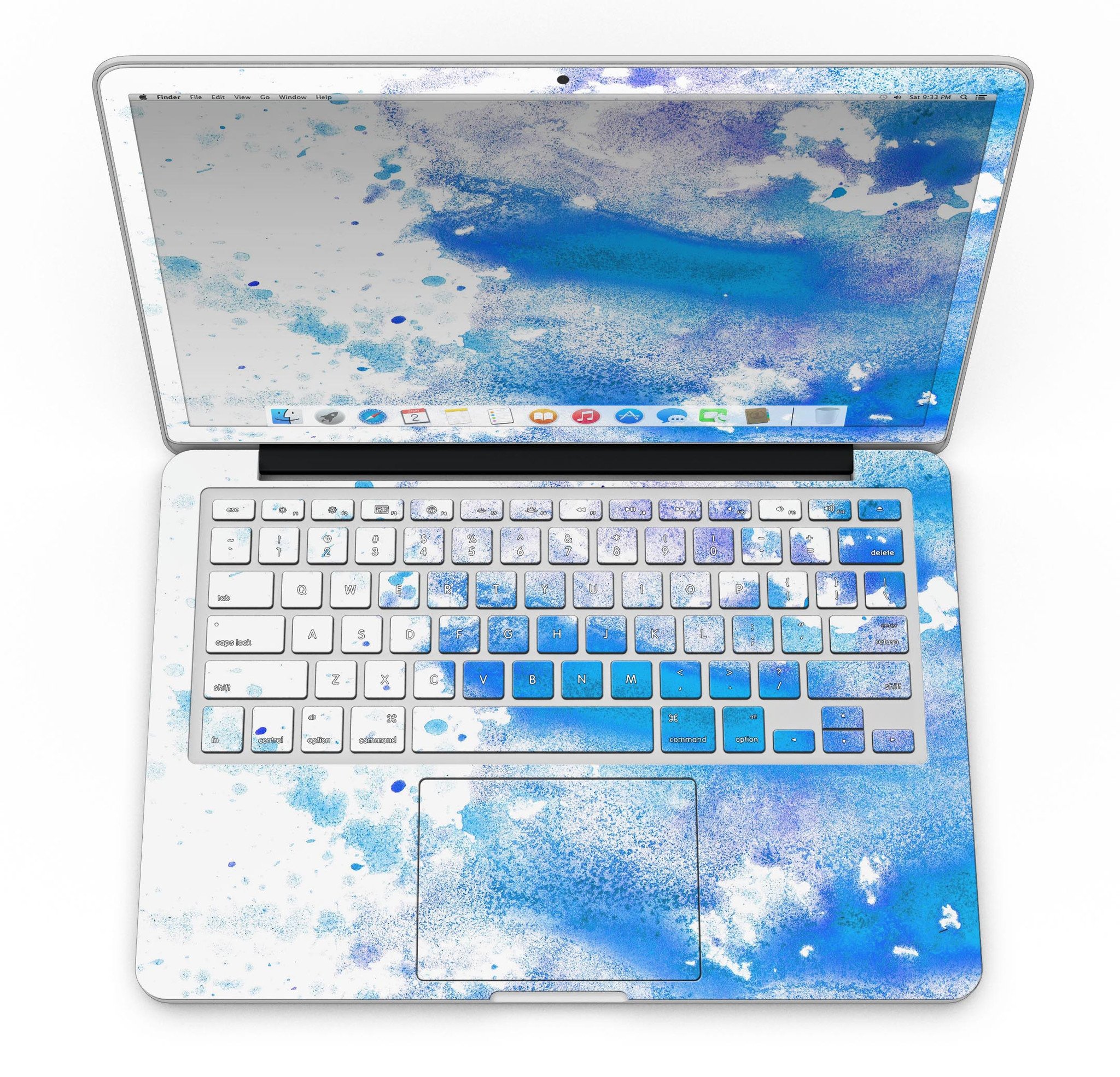 Blue watercolor skin design for MacBook Pro with Retina Display, showcasing vibrant colors on a white background.