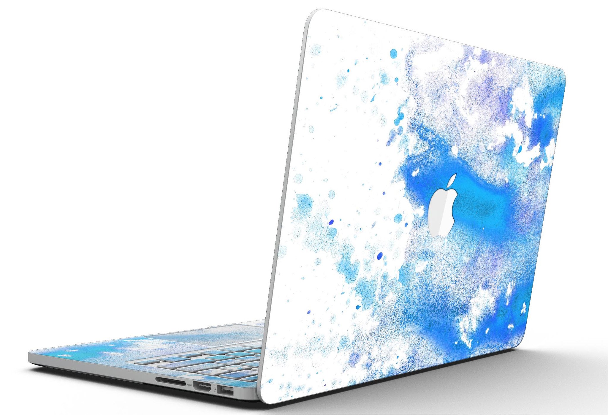 Blue watercolor skin design for MacBook Pro with Retina Display, showcasing vibrant colors on a white background.