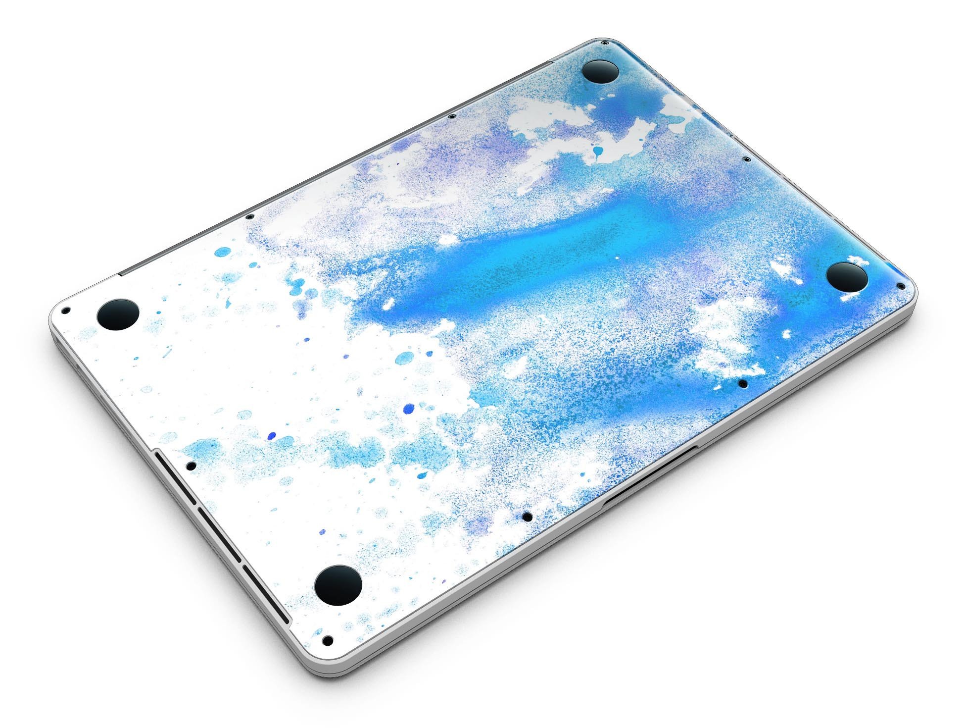 Blue watercolor skin design for MacBook Pro with Retina Display, showcasing vibrant colors on a white background.