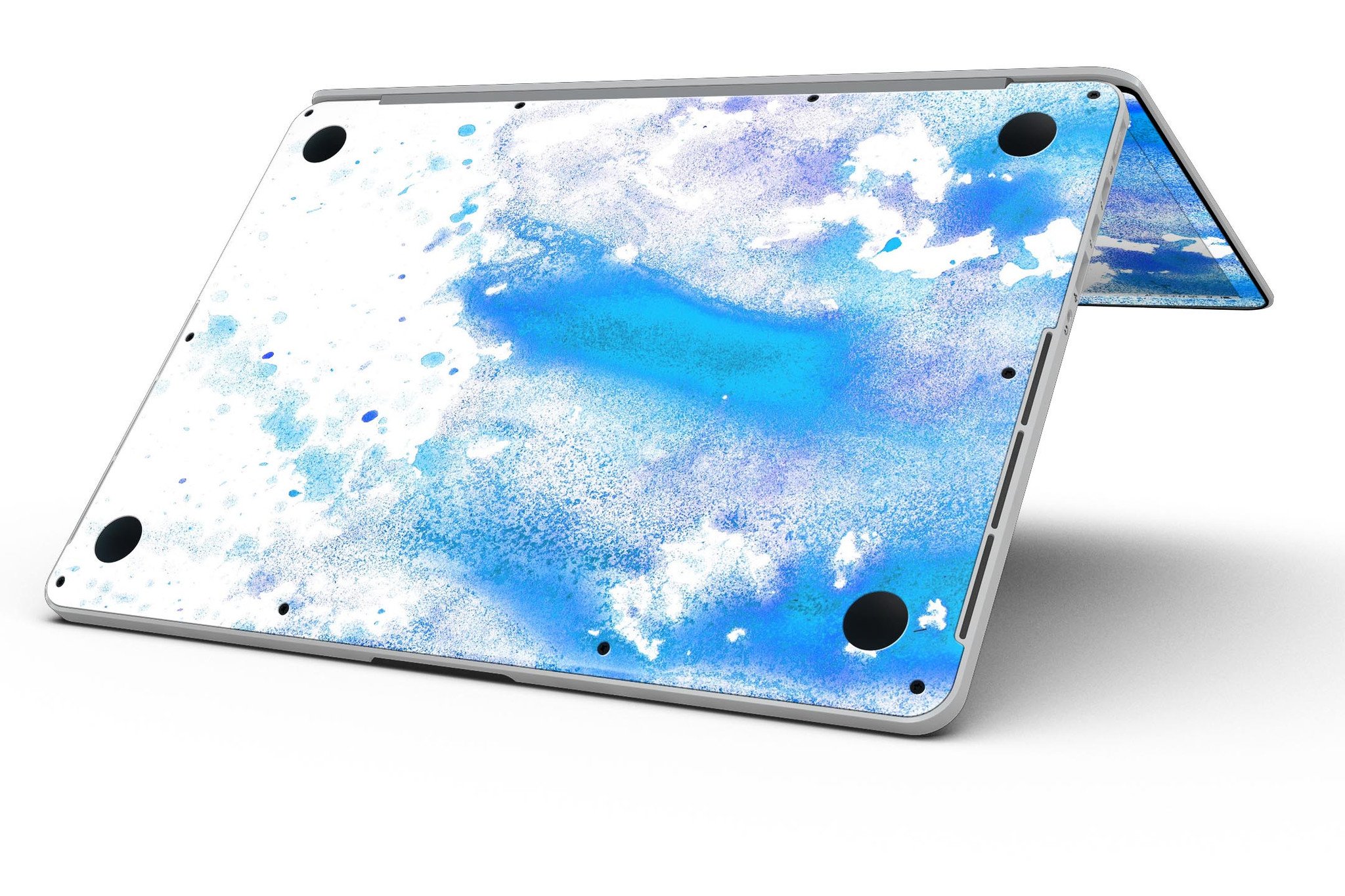 Blue watercolor skin design for MacBook Pro with Retina Display, showcasing vibrant colors on a white background.