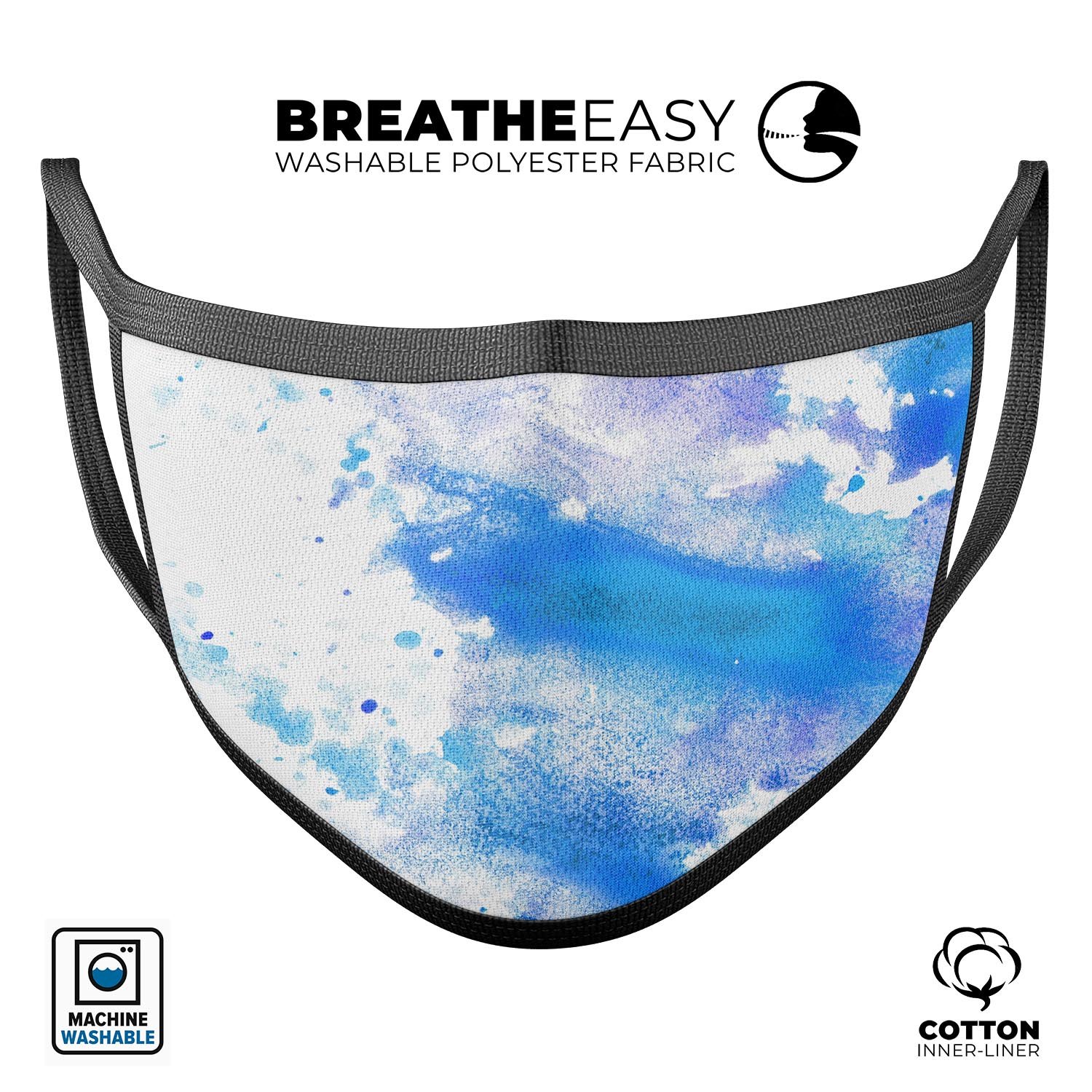 Blue watercolor design on a white reusable face mask, showcasing adjustable ear loops and soft cotton material.