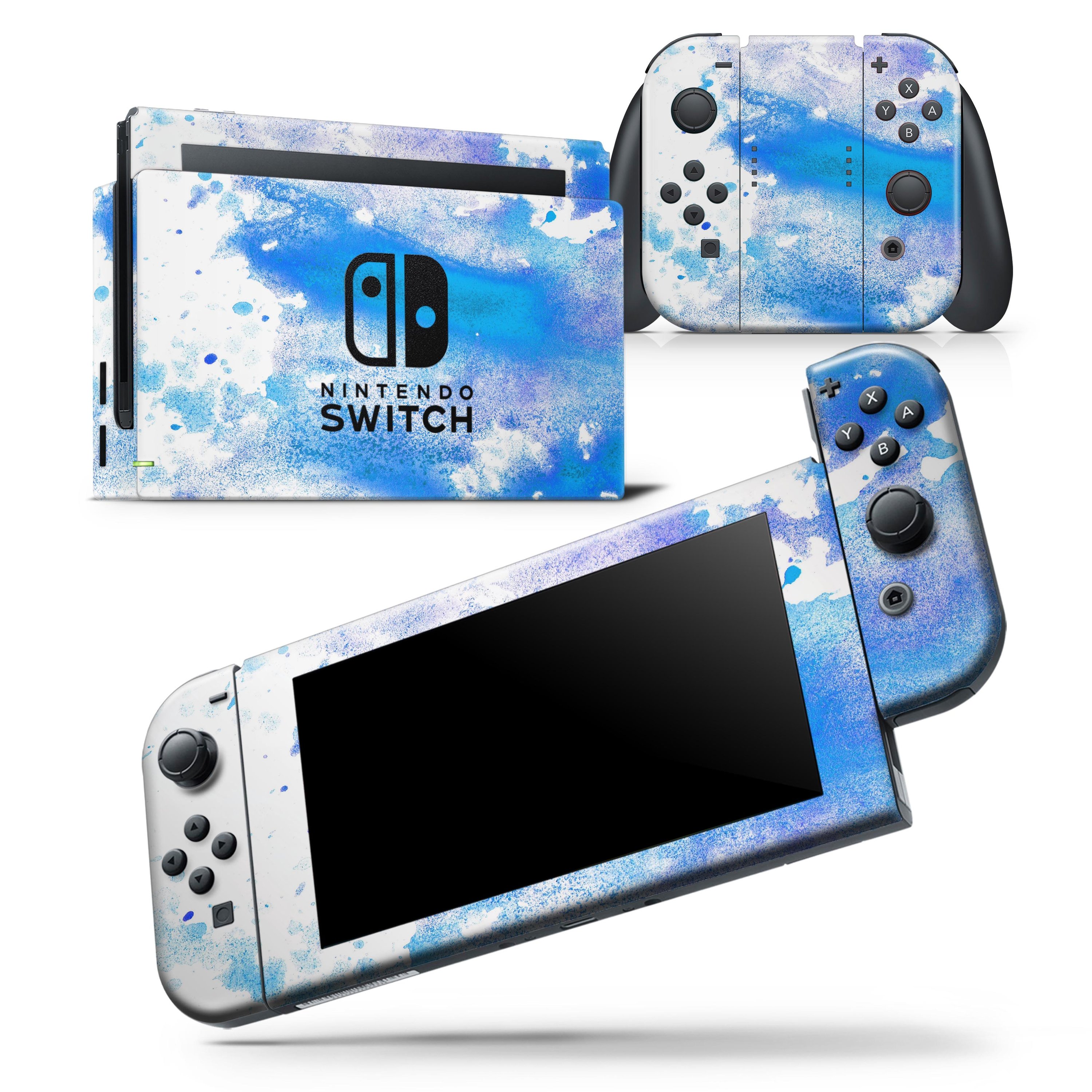 Blue watercolor skin wrap decal for Nintendo Switch Lite, showcasing a vibrant design on a white background.