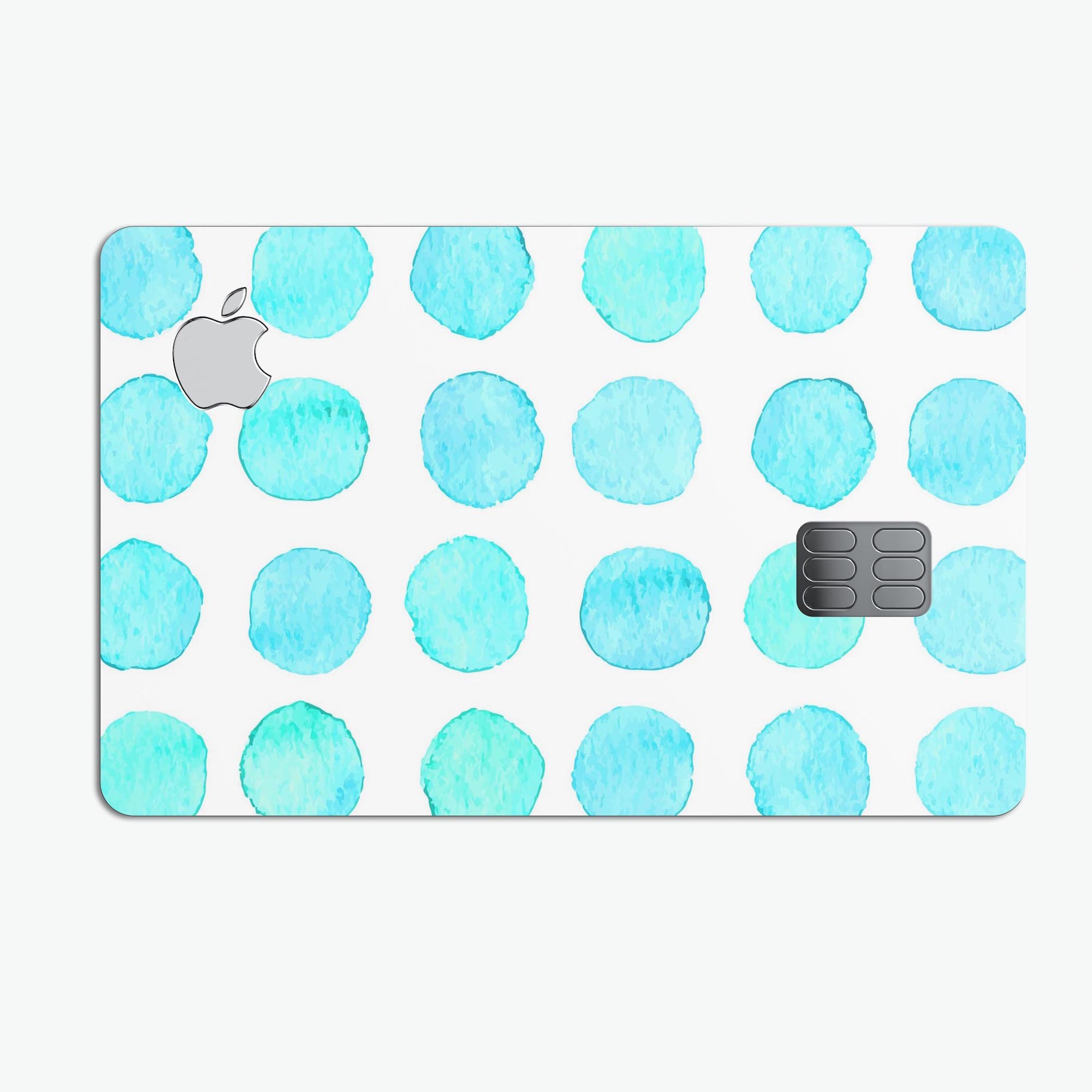 Blue Watercolor Polka Dots skin decal for Apple Card, showcasing vibrant colors and a stylish design.