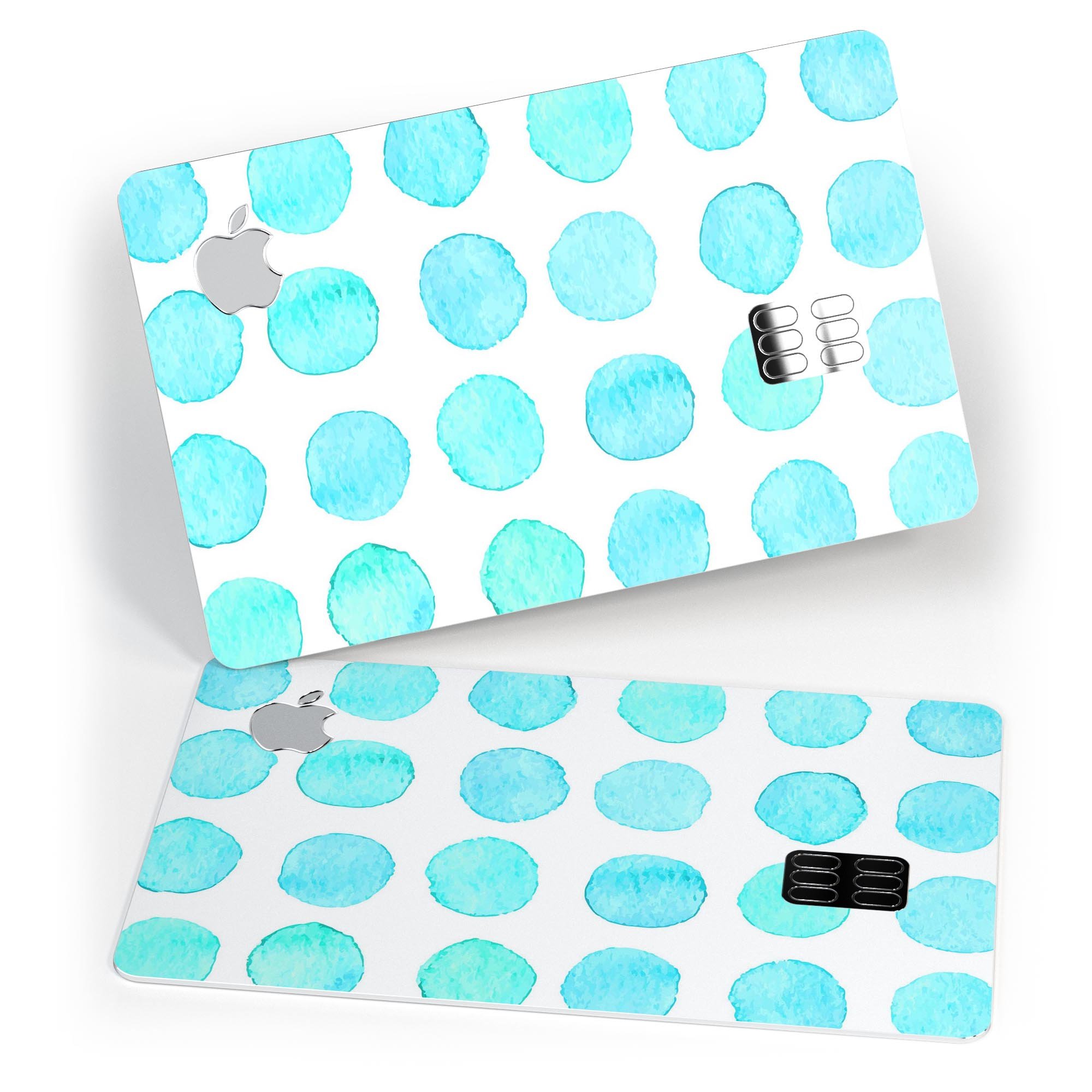 Blue Watercolor Polka Dots skin decal for Apple Card, showcasing vibrant colors and a stylish design.