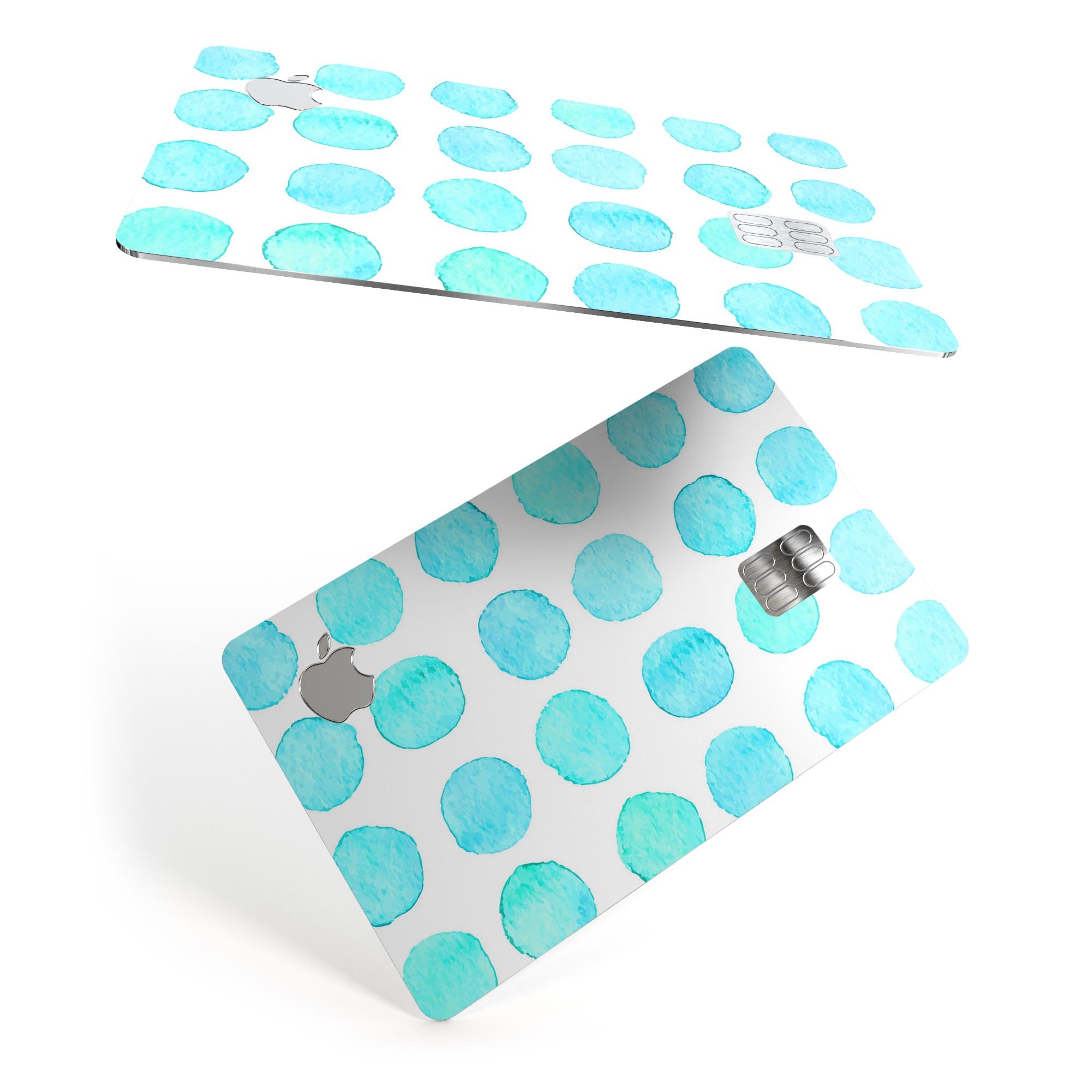 Blue Watercolor Polka Dots skin decal for Apple Card, showcasing vibrant colors and a stylish design.