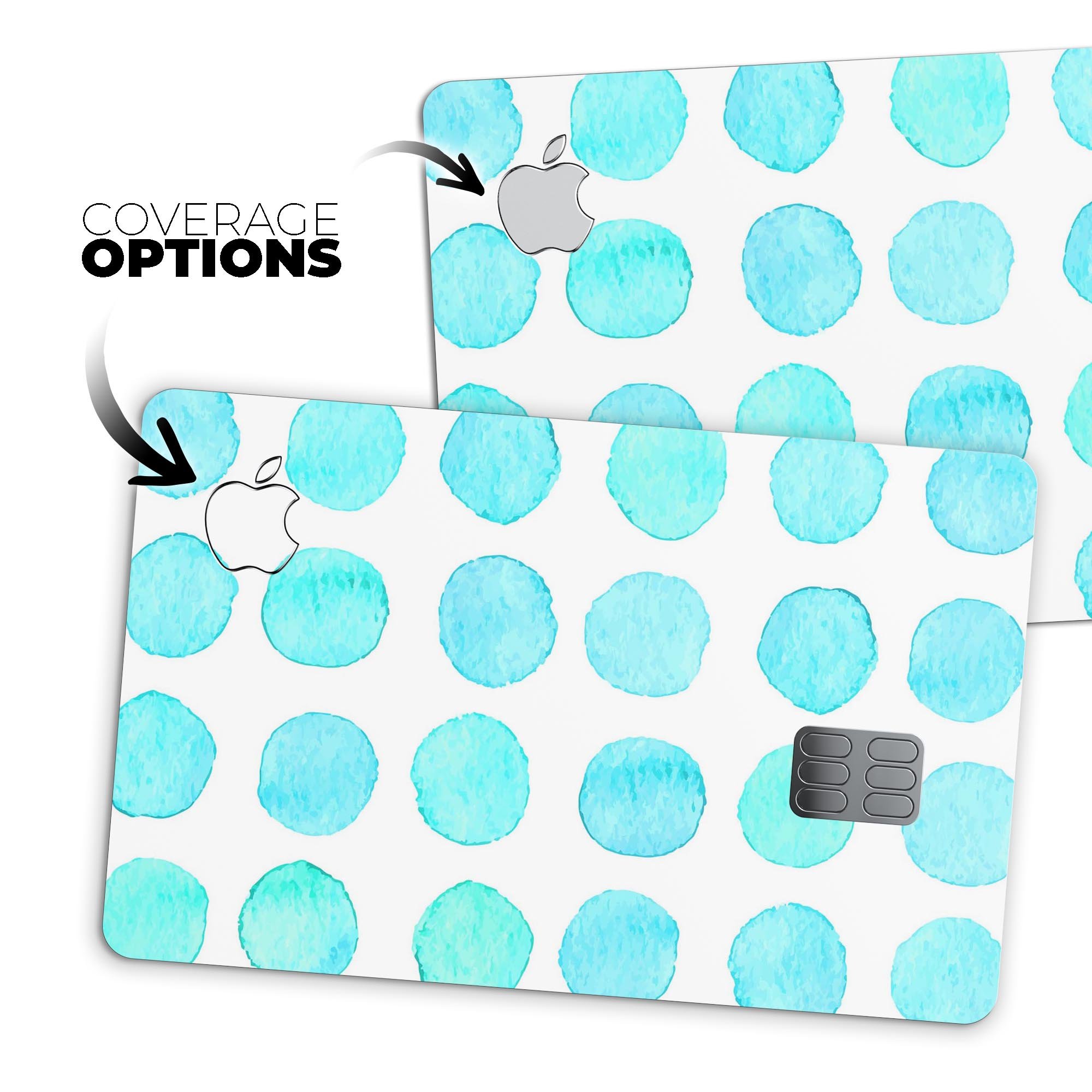 Blue Watercolor Polka Dots skin decal for Apple Card, showcasing vibrant colors and a stylish design.