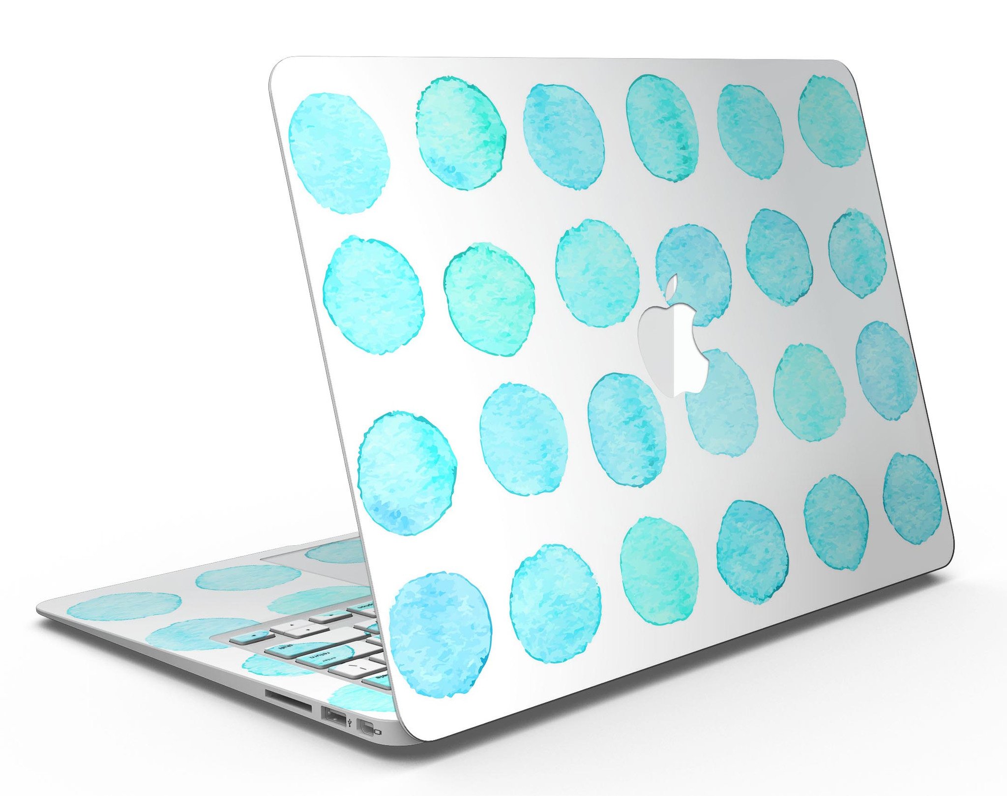 Blue Watercolor Polka Dots MacBook Air Skin Kit showcasing vibrant polka dot design on a sleek laptop surface.