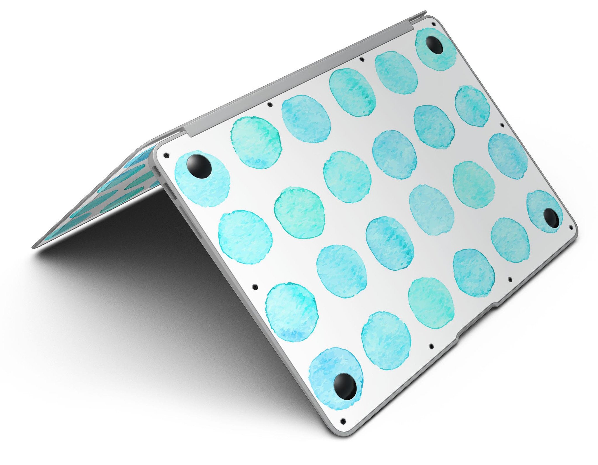 Blue Watercolor Polka Dots MacBook Air Skin Kit showcasing vibrant polka dot design on a sleek laptop surface.