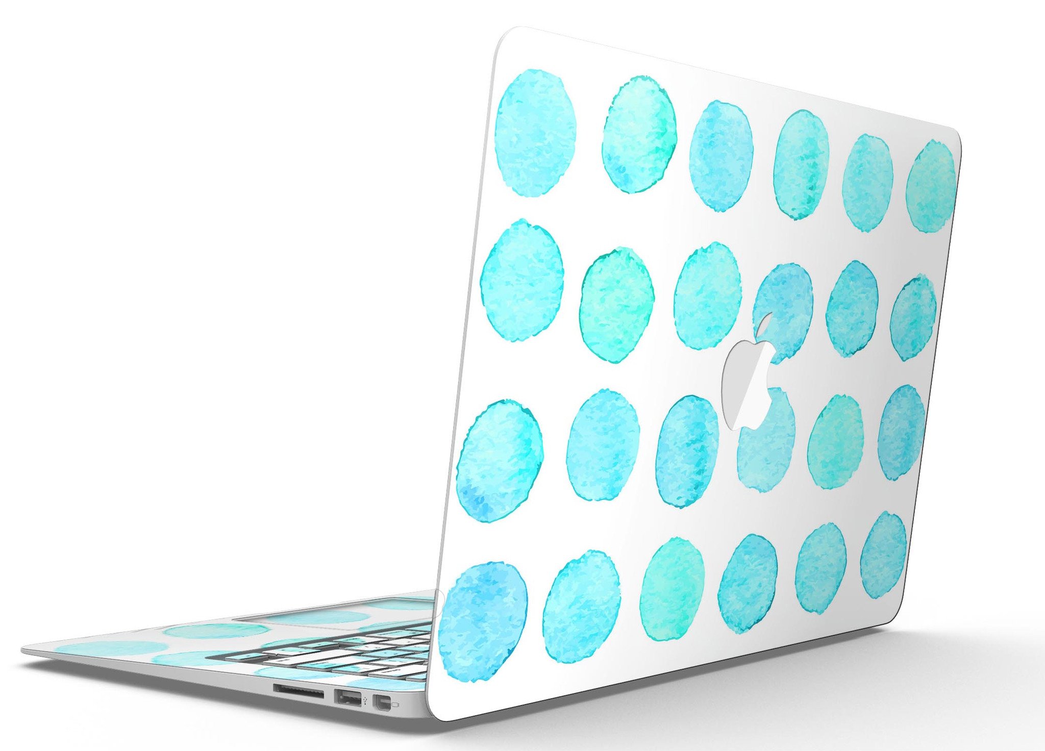 Blue Watercolor Polka Dots MacBook Air Skin Kit showcasing vibrant polka dot design on a sleek laptop surface.