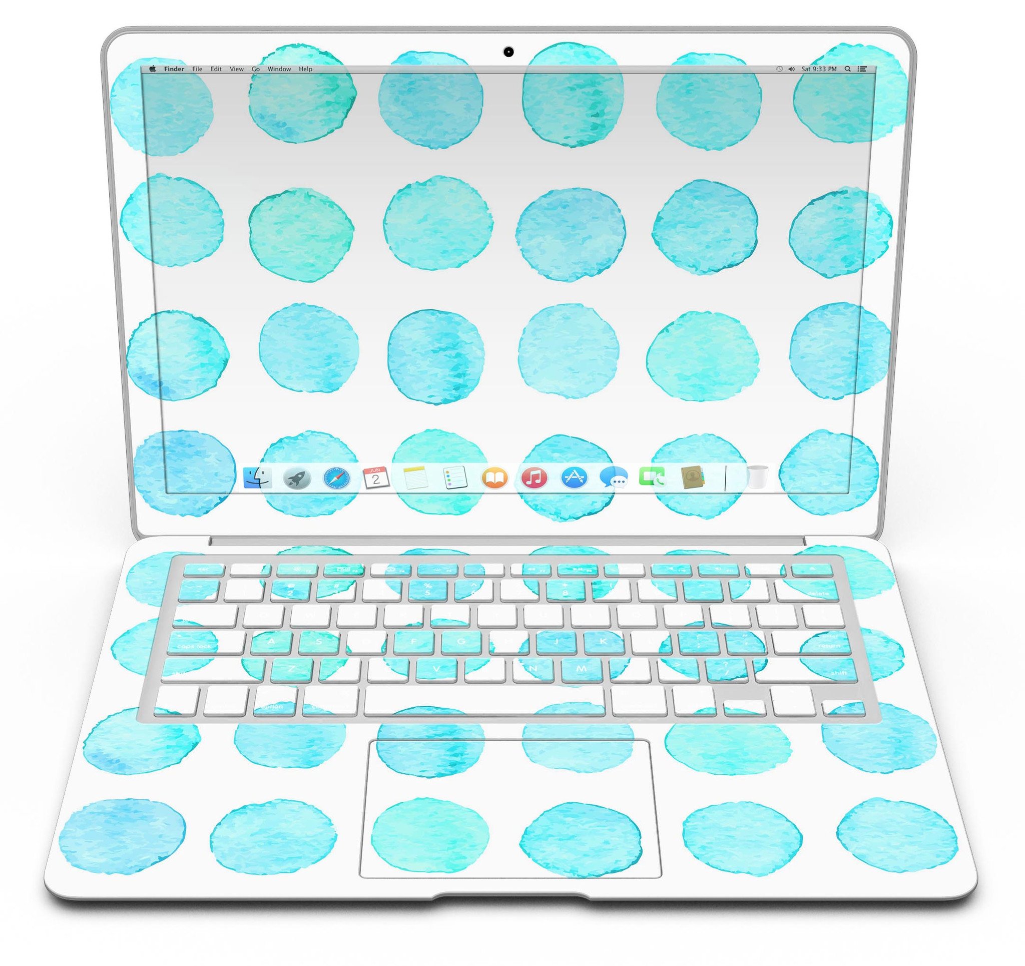 Blue Watercolor Polka Dots MacBook Air Skin Kit showcasing vibrant polka dot design on a sleek laptop surface.