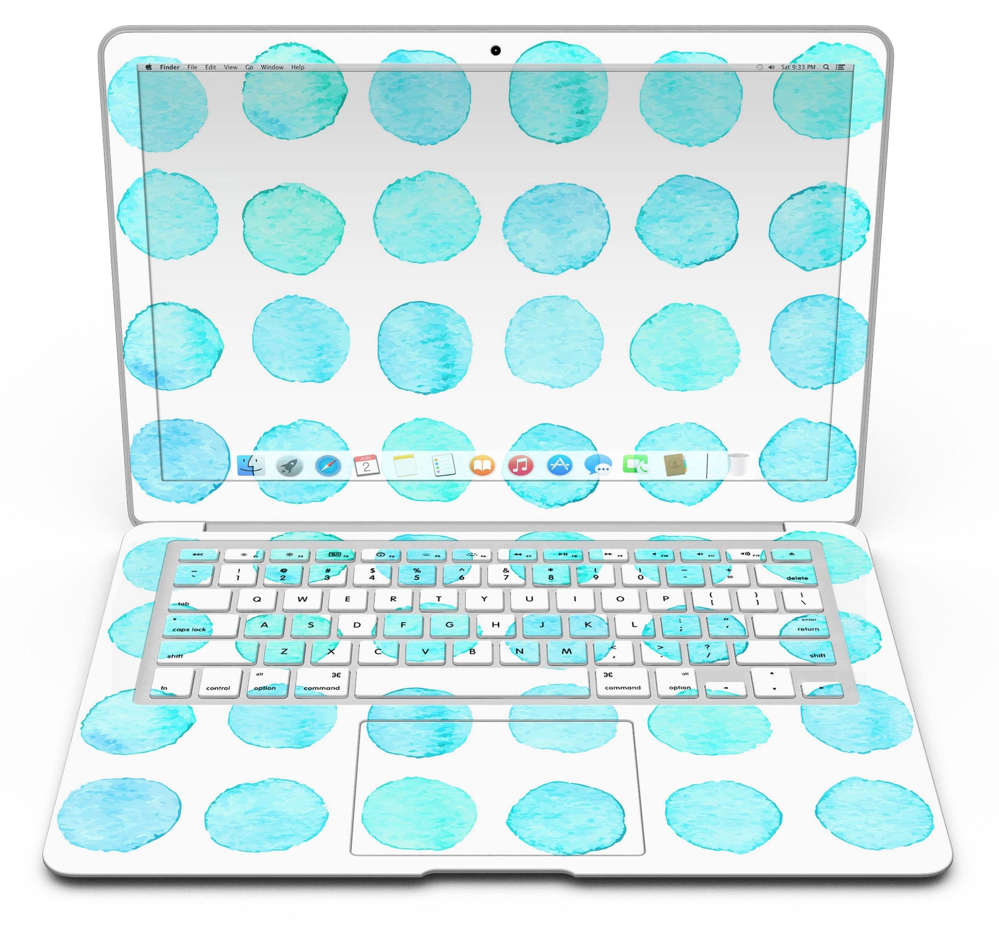 Blue Watercolor Polka Dots MacBook Air Skin Kit showcasing vibrant polka dot design on a sleek laptop surface.