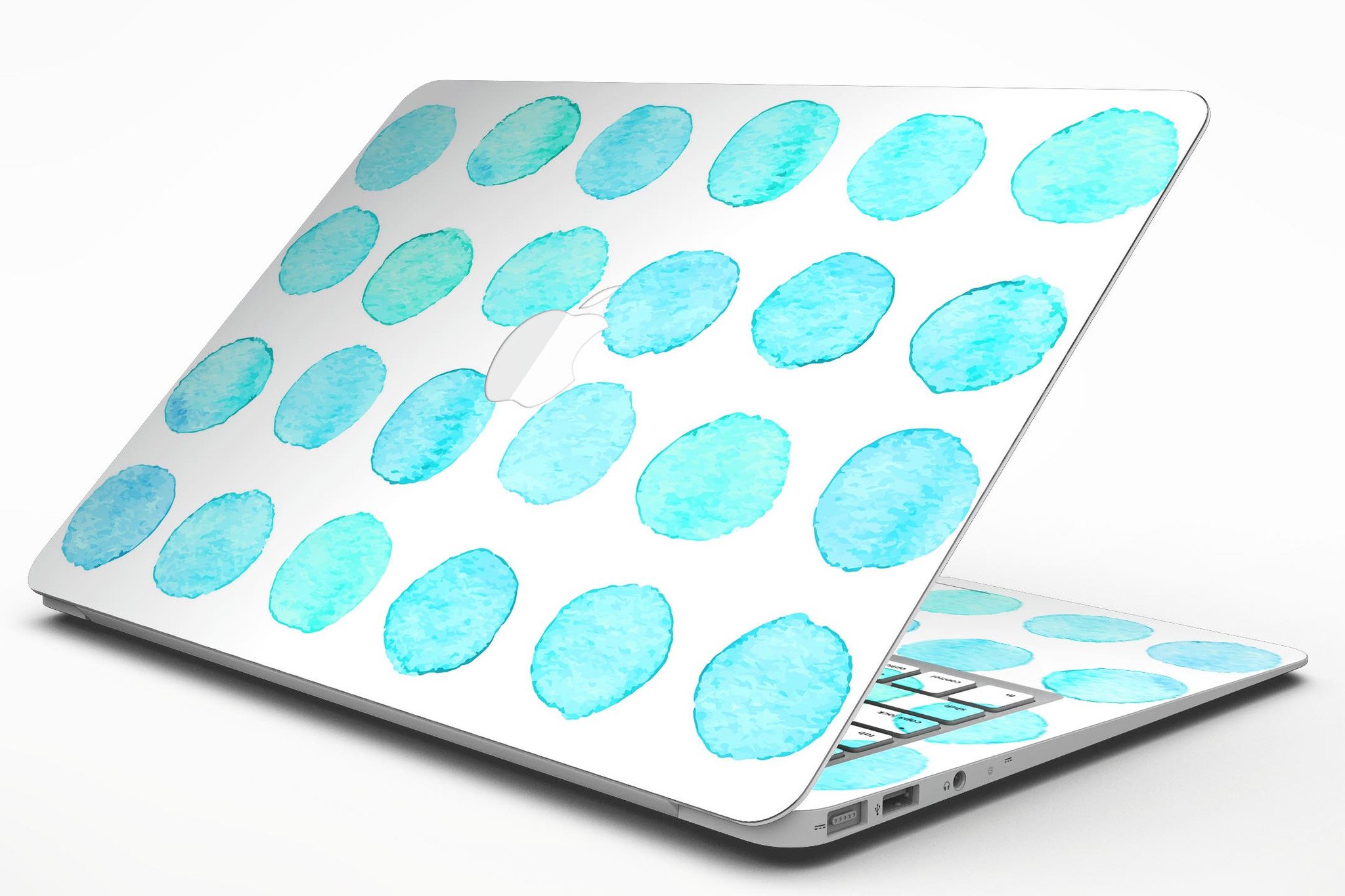 Blue Watercolor Polka Dots MacBook Air Skin Kit showcasing vibrant polka dot design on a sleek laptop surface.